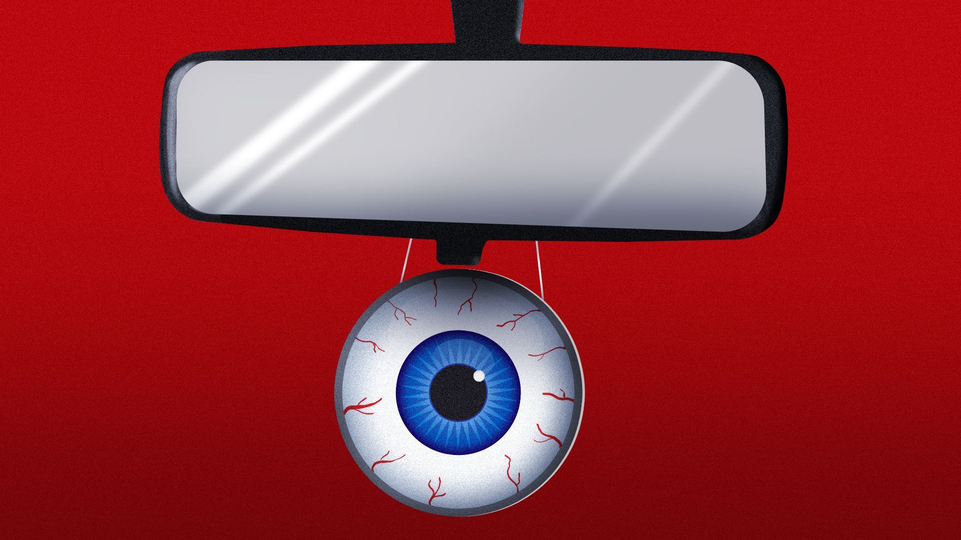 Illustration of an eyeball hanging as an air freshener from a car rearview mirror.