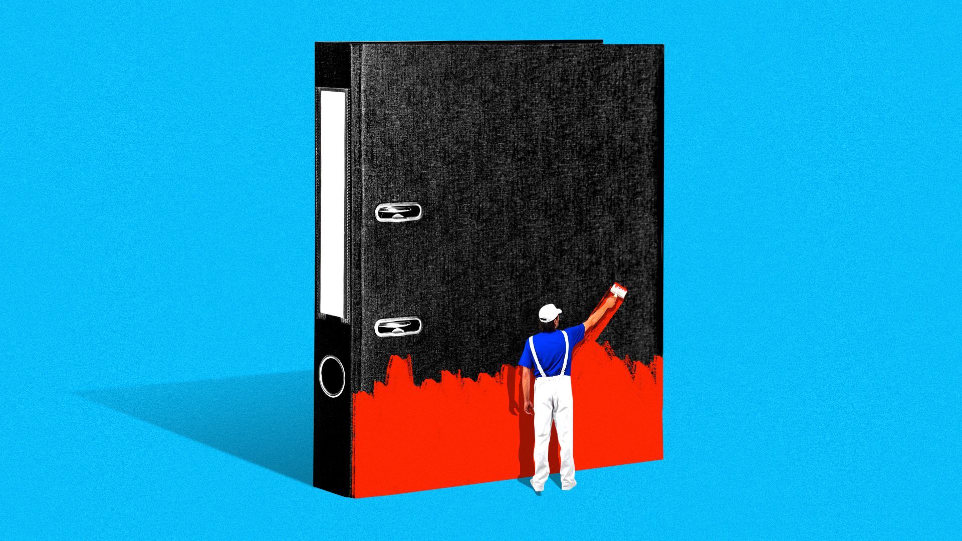 Illustration of a tiny man painting a giant binder. 