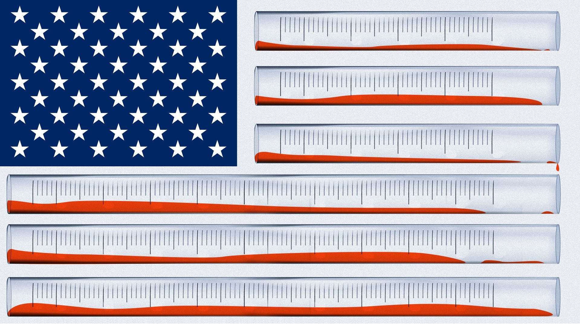 Illustration of an American flag with the red strips as graduated cylinders that have been overturned and are spilling red liquid. 