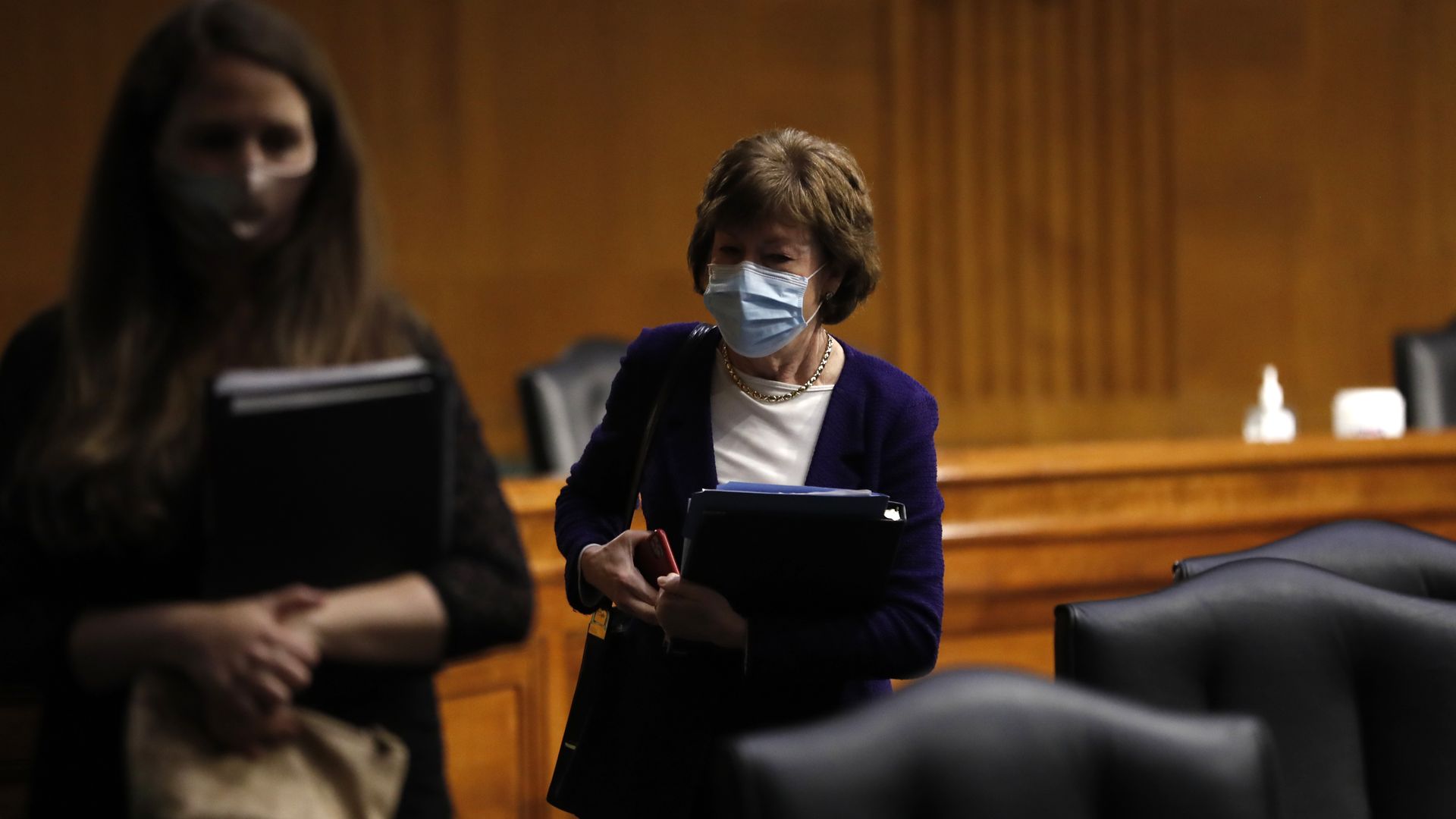 en. Susan Collins, R-ME, departs after speaking at a Senate Health Education Labor and Pensions Committee hearing