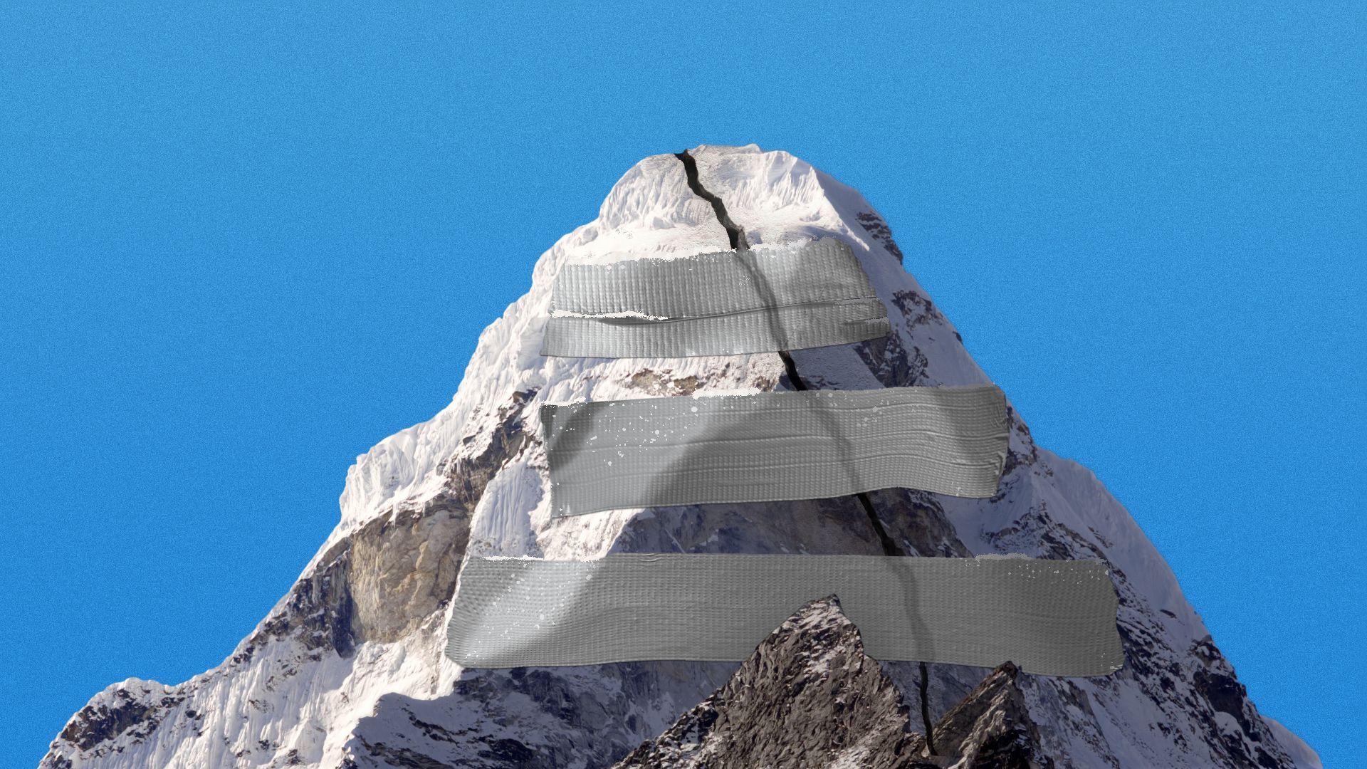 Illustration of Mt. Everest with a crack down the middle being repaired by various pieces of duct tape. 