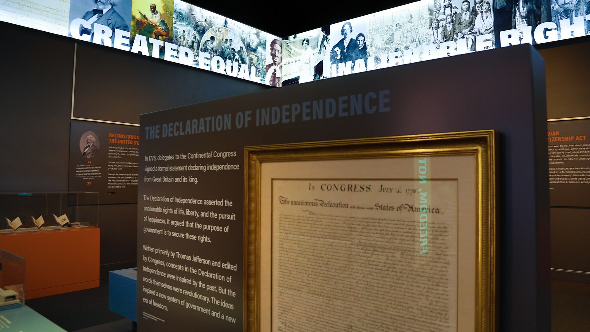 A photo of the Declaration of Independence on display