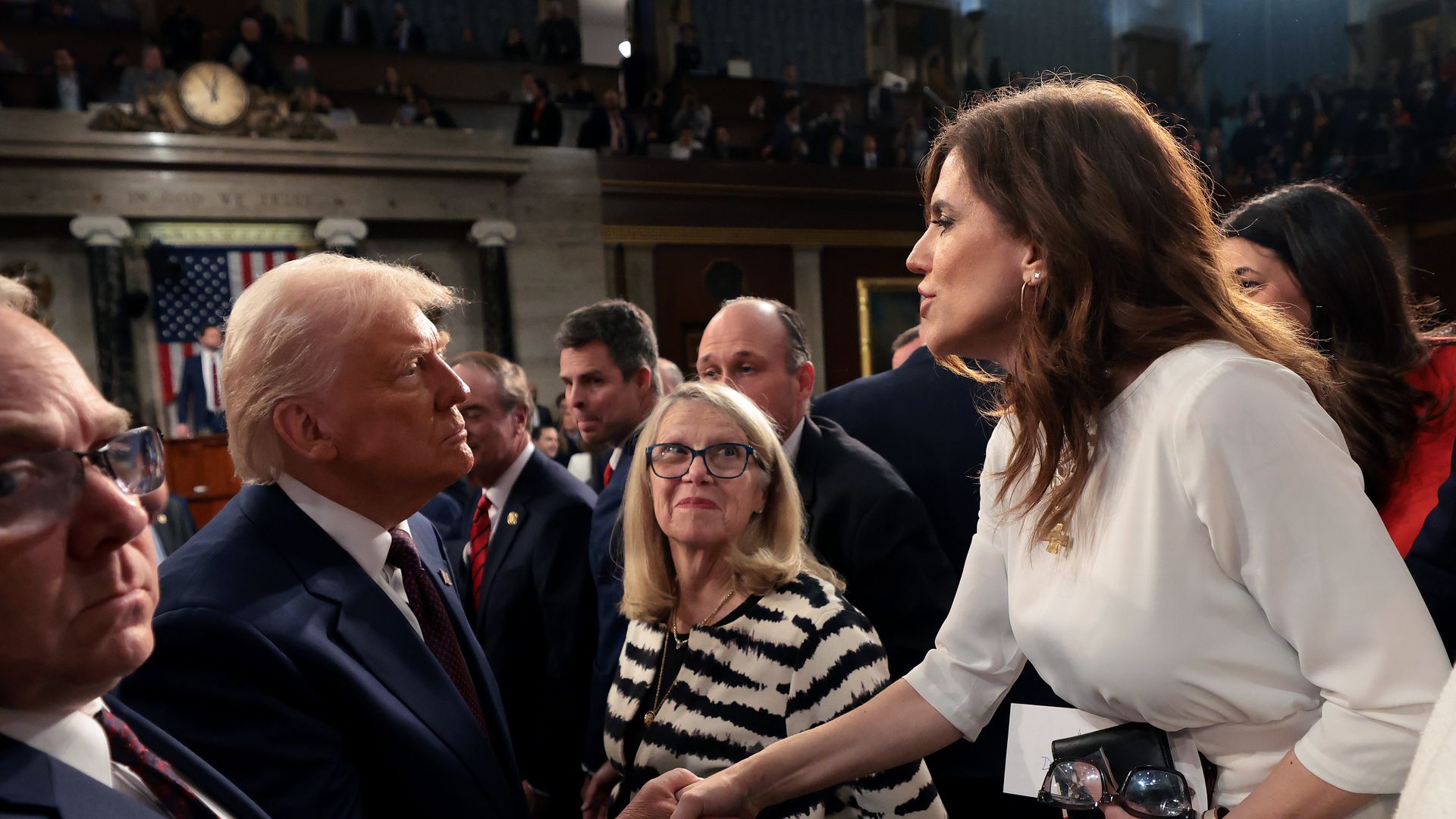Rep. Nancy Mace (R-S.C.) shakes hands with President Trump after his speech before Congress on March 4, 2025. She is seeking his endorsement in her race for governor despite being critical of his performance.