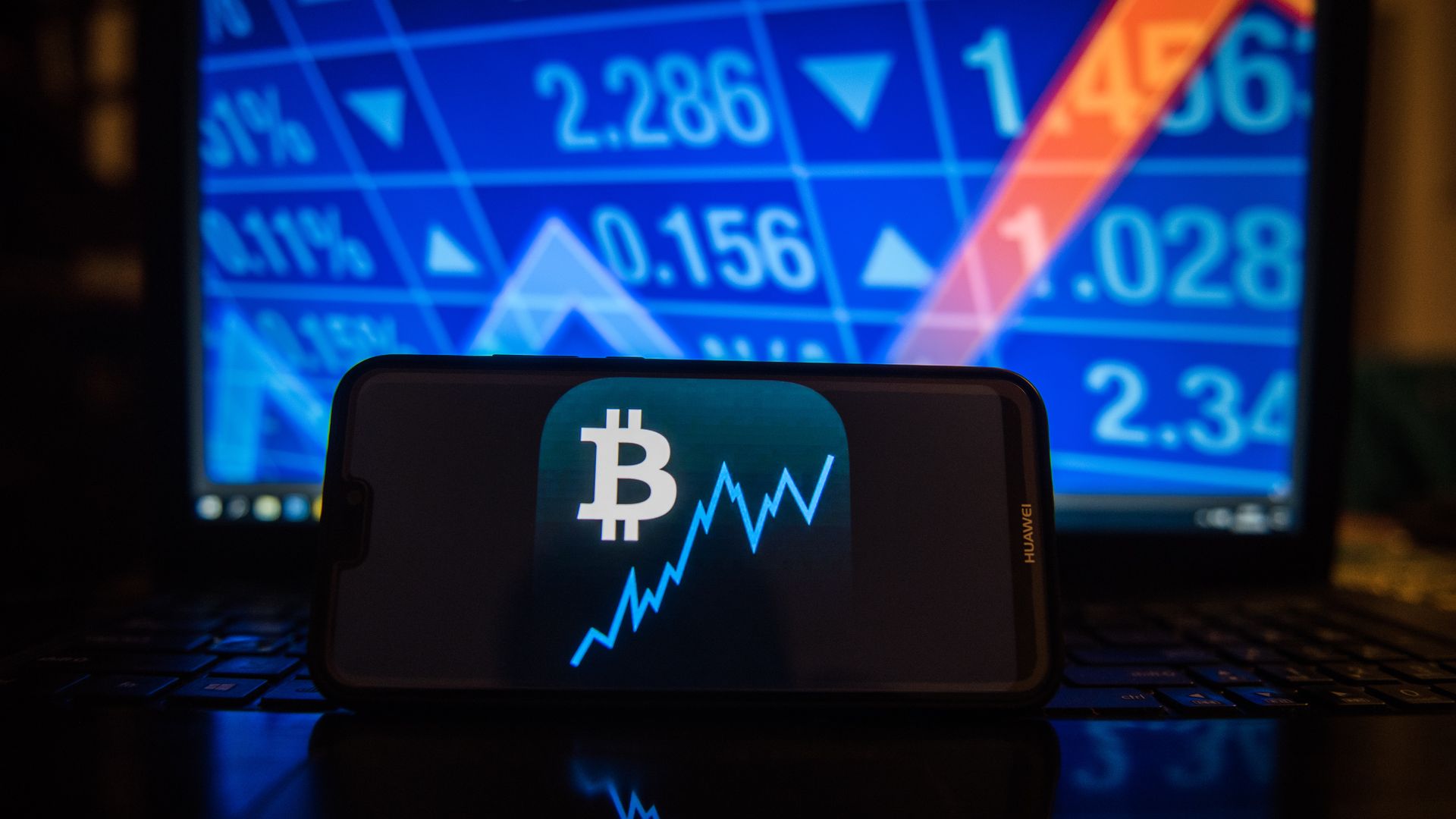 The bitcoin logo on a smartphone. 