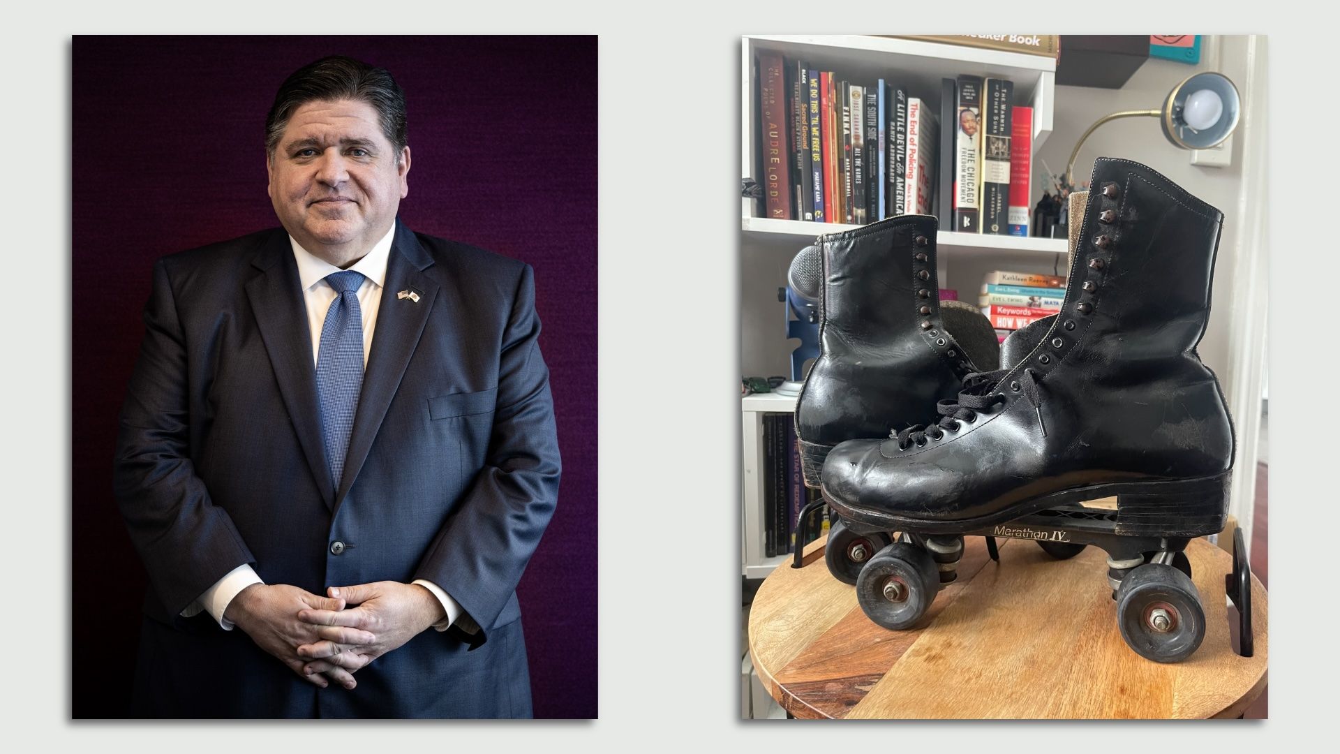 A photo of Illinois Governor JB Pritzker next to a photo of black roller skates.