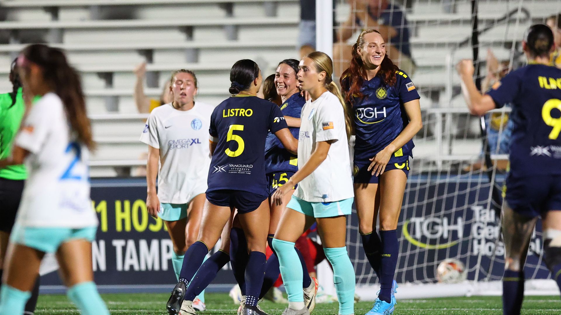Tampa Bay Sun forward Ava Tankersley celebrates with her teammates after a goal in an April game against Fort Lauderdale United.