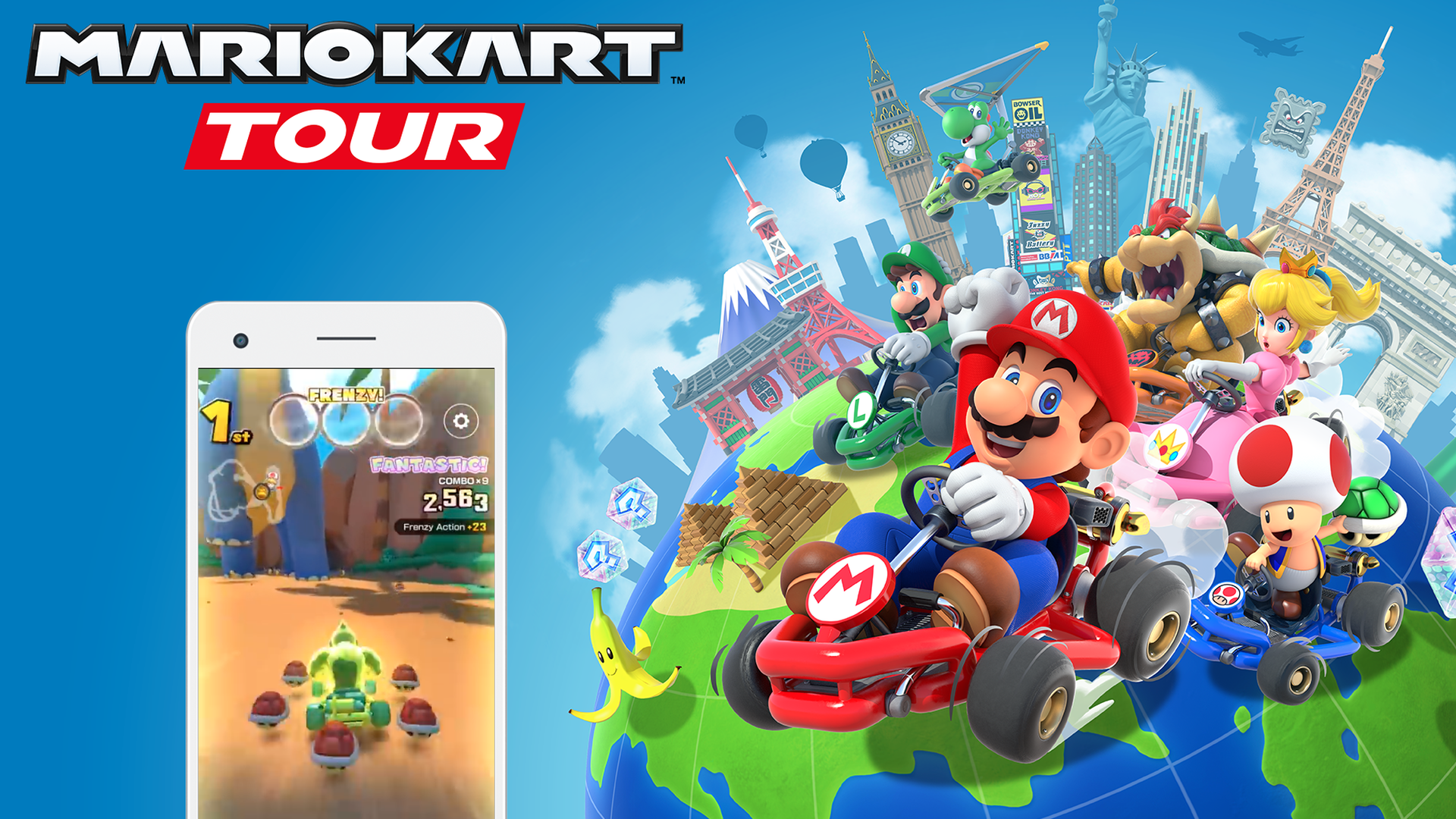 A poster with an iphone playing the Mario Kart game and Mario on the side of the phone.