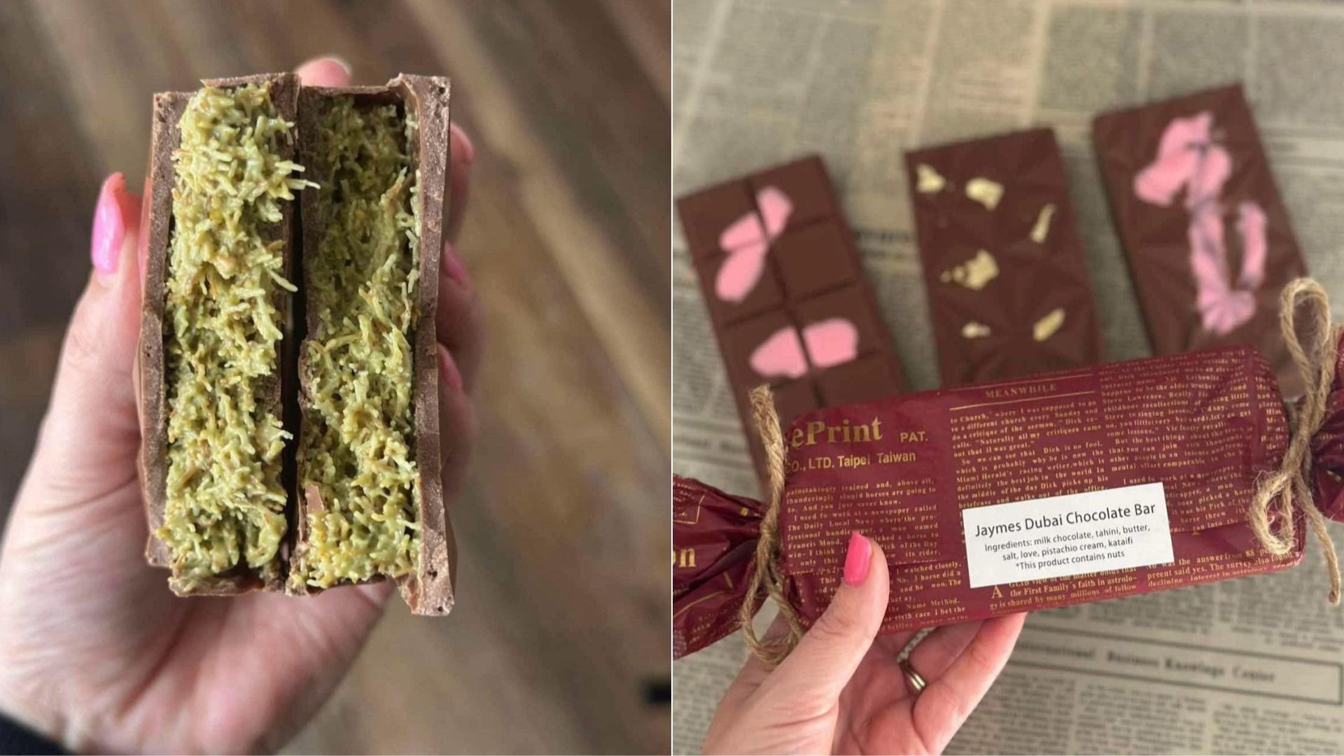 Dubai chocolate, a bar broken in half for the inside and a picture showing 3 bars next to each other