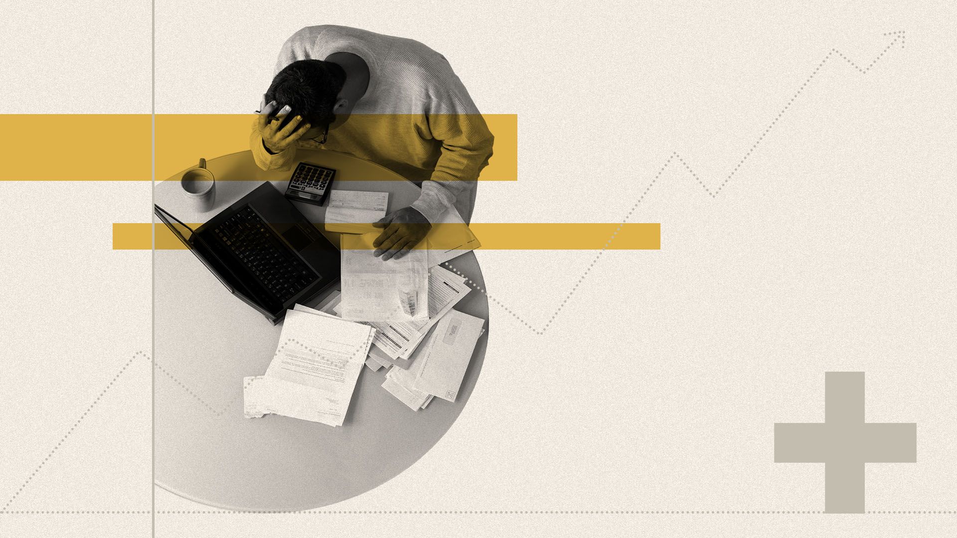 Illustration of a man sitting at a table covered in healthcare bills
