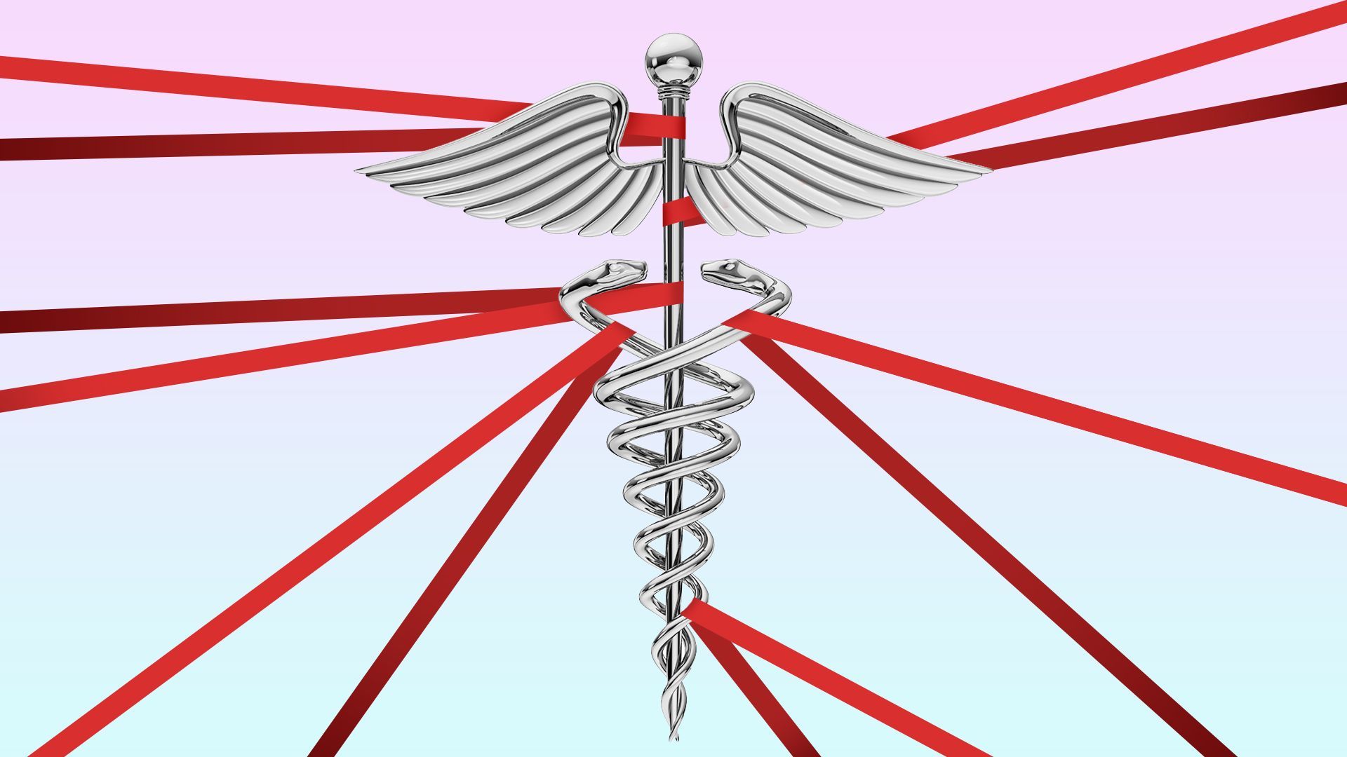 Illustration of a caduceus with red tape wrapped around it from all angles