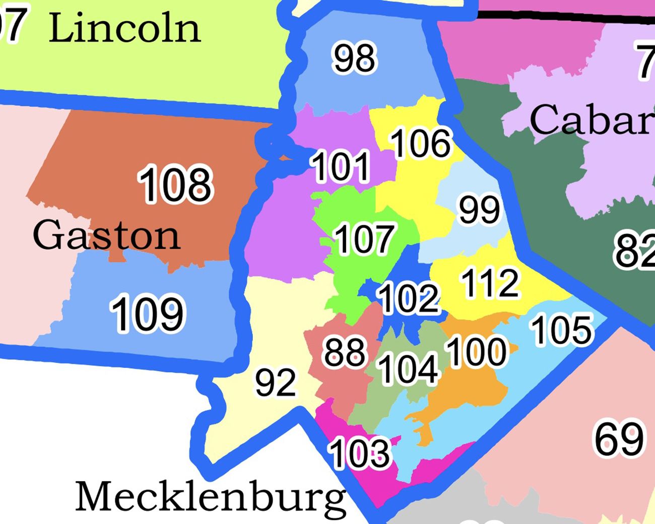 Bright, colorful county map with bold numbers; shows Gaston (108), Lincoln (97), Mecklenburg (pink), Cabarrus, and surrounding counties outlined in blue (numbers 88β112).