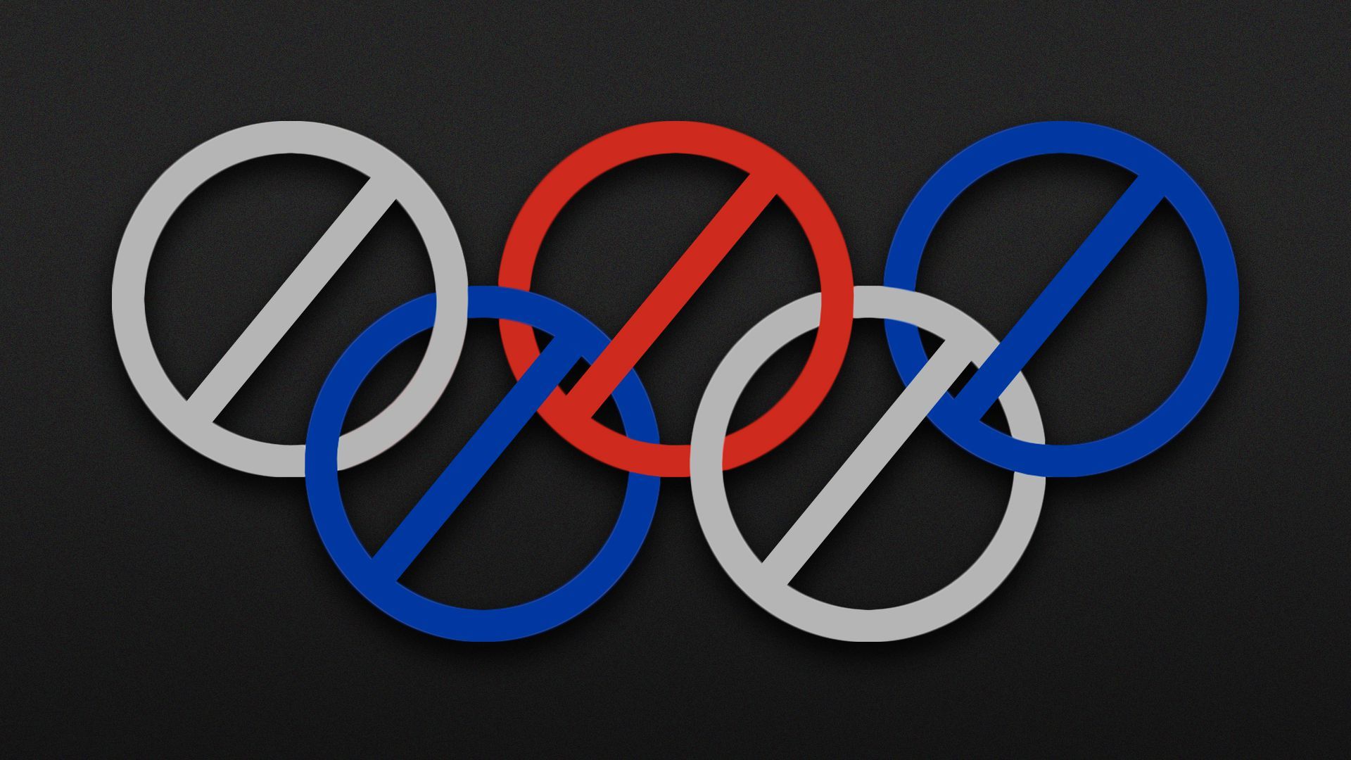 Illustration of the Olympic rings design with Russian flag colors and with X bars through each ring
