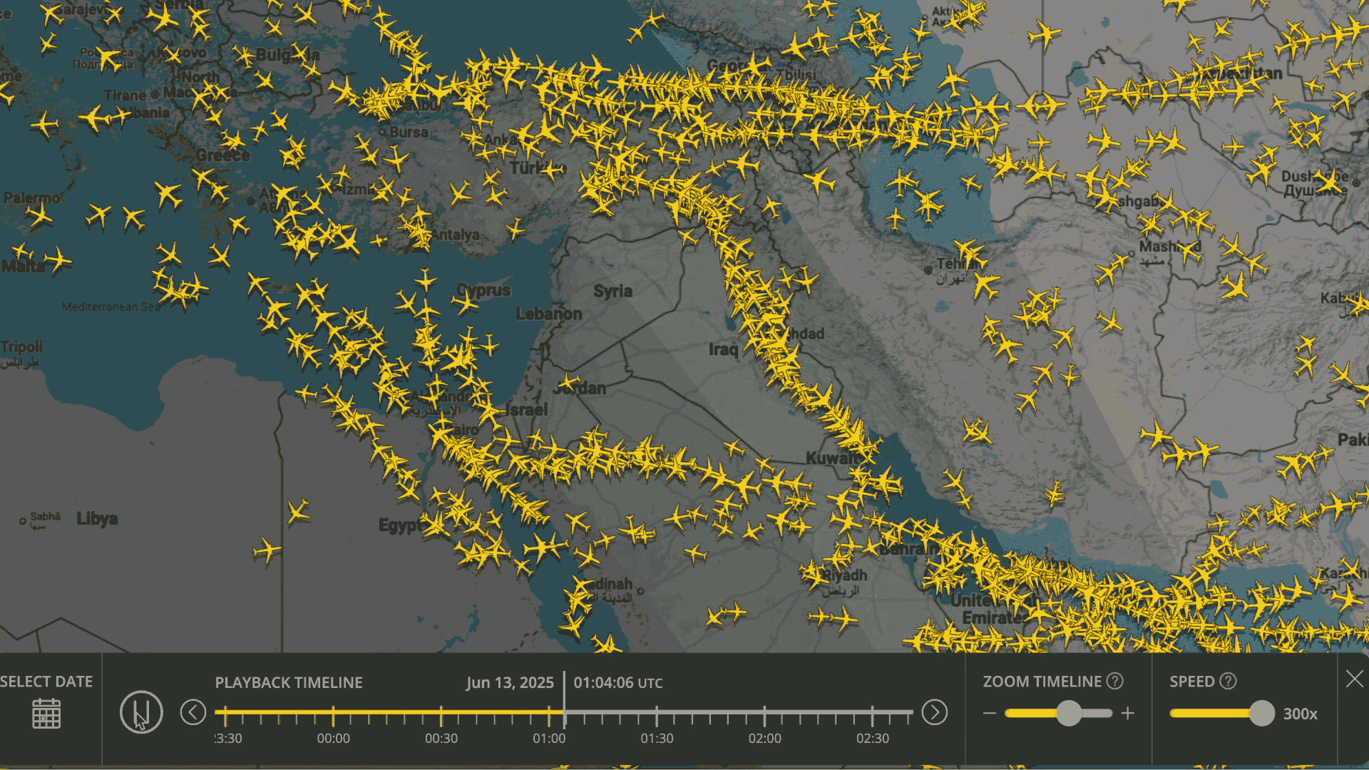 A GIF showing commercial flights above the Middle East prior to and immediately after Israel's attacks on Iran on June 12, 2025. Flights in the region were grounded or diverted quickly.