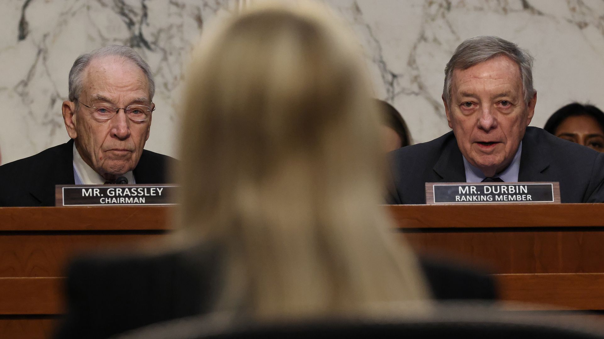 Senate Judiciary Committee Chairman Charles Grassley (R-IA) (L) and ranking member Sen. Richard Durbin (D_IL) question former Florida Attorney General Pam Bondi during her confirmation hearing to be the next U.S. attorney general in the Hart Senate Office Building on Capitol Hill on January 15, 2025