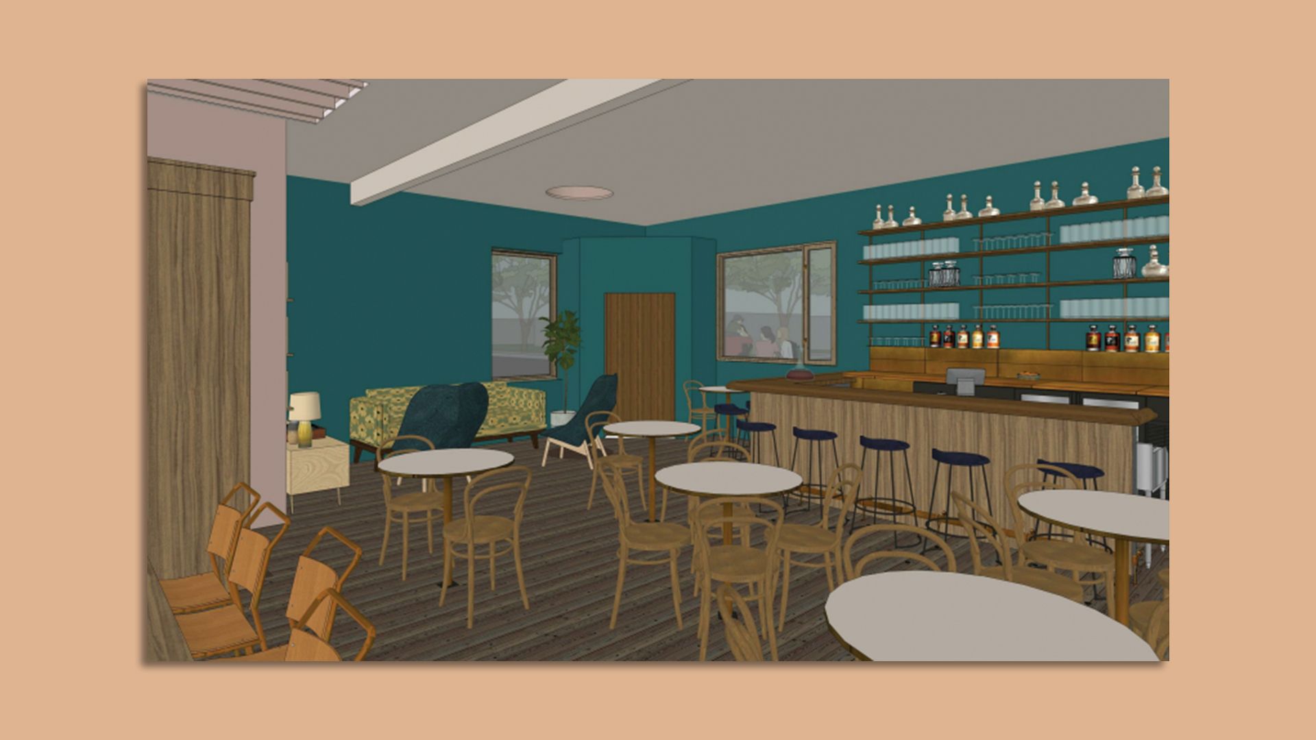 A rendering of the inside of a bar. The walls are blue and tables and chairs are scattered throughout. Drinks can be seen behind a bartop. 
