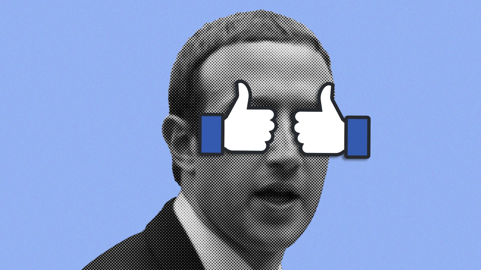 Photo illustration of Mark Zuckerberg with Facebook's "Like" thumbs covering his eyes.