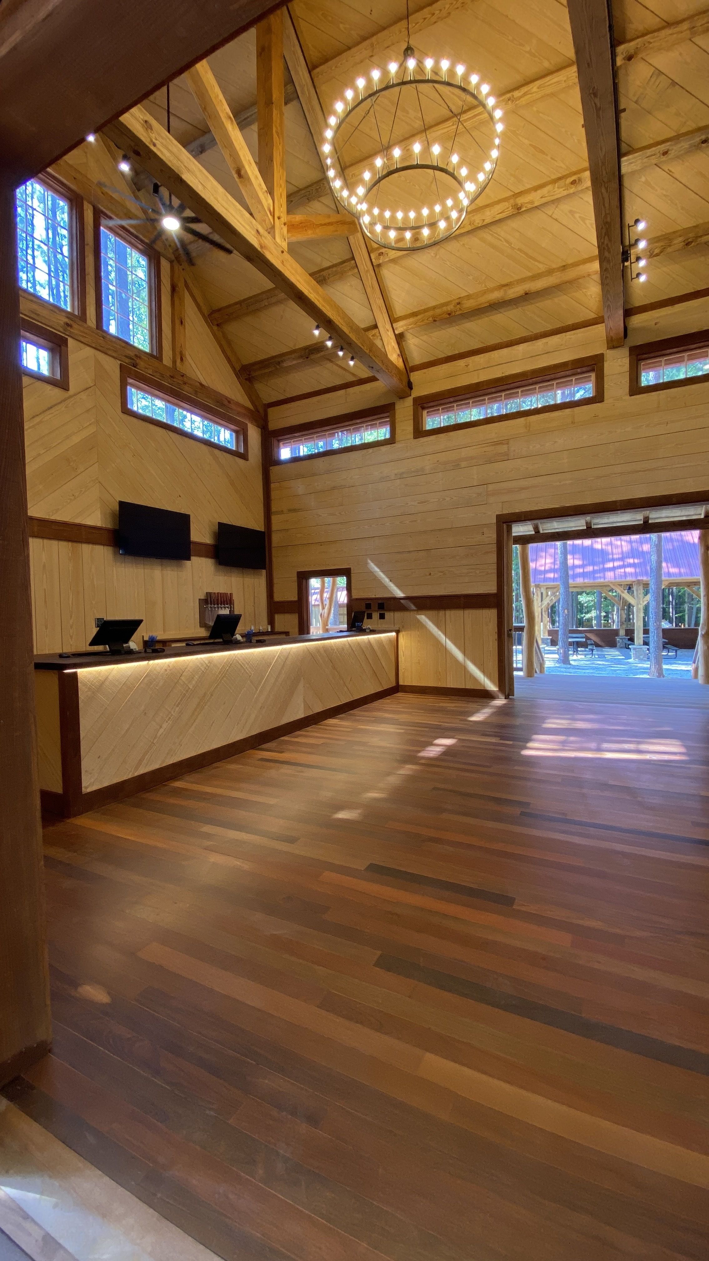 Inside the cabin with check-in desks.