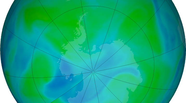 False-color view of total ozone over the Antarctic pole on Jan. 7. 