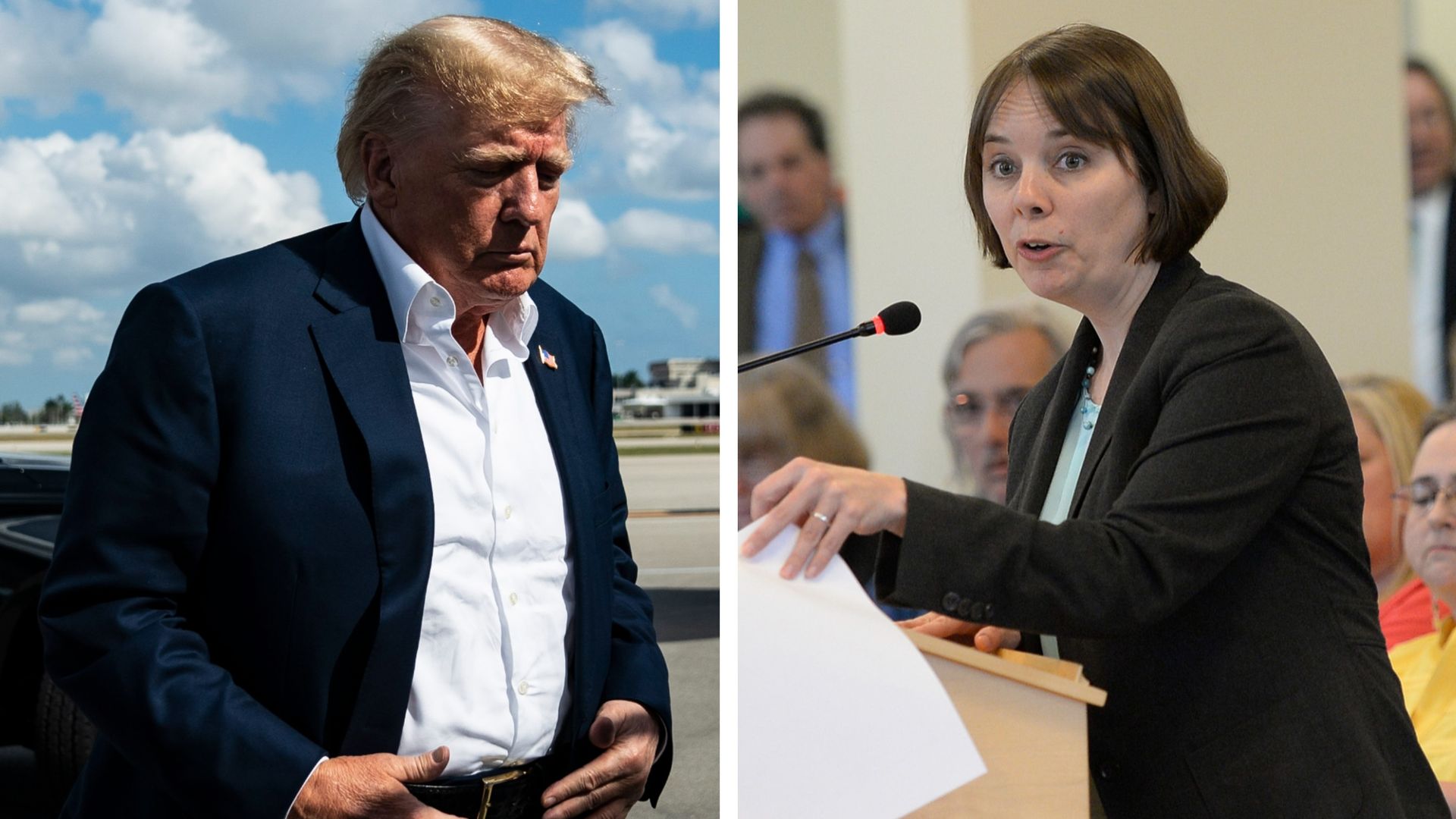 Combination images of former President Trump and Maine Secretary of State Shenna Bellows.