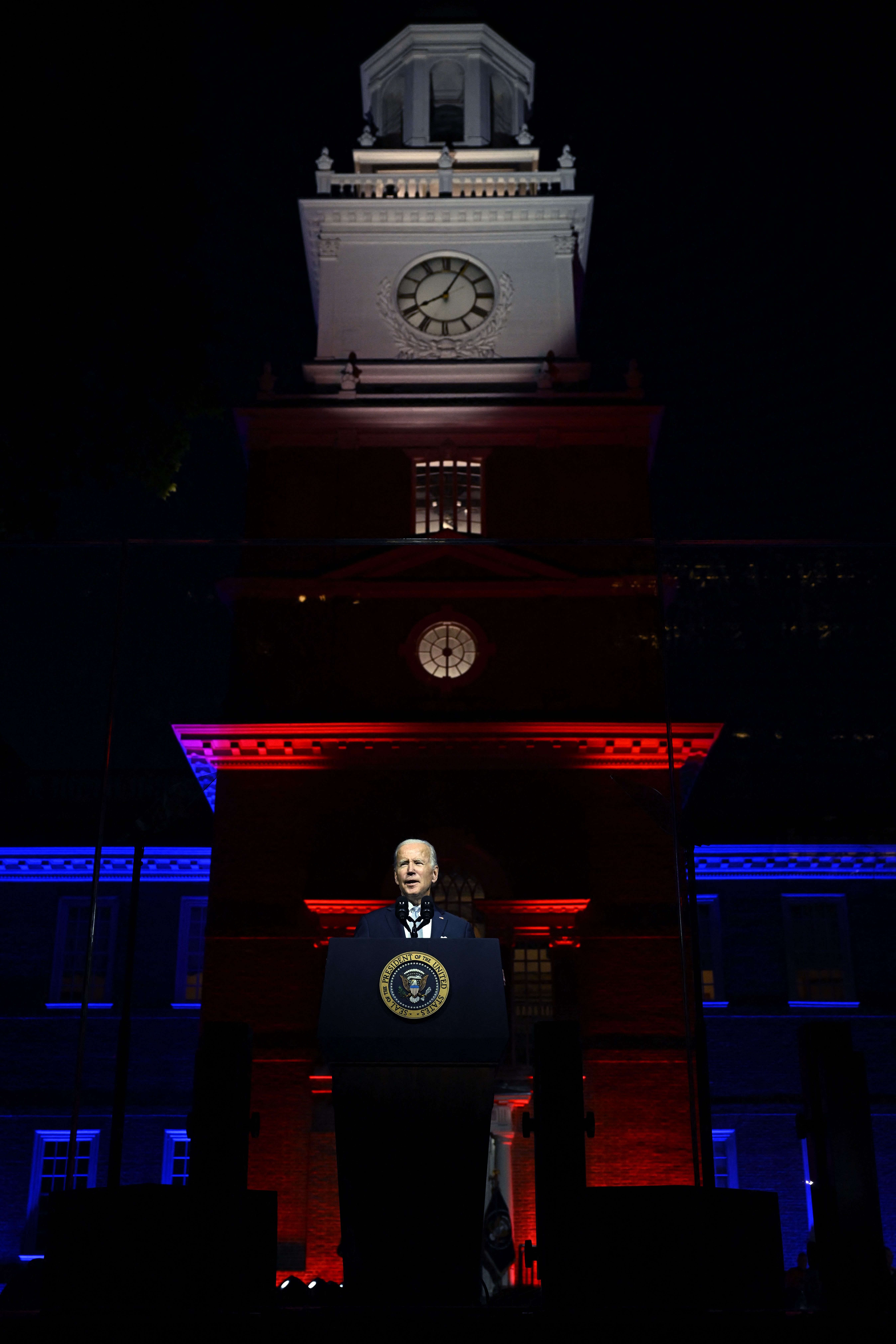 President Biden speaks outside Independence Hall in Philadelphia.