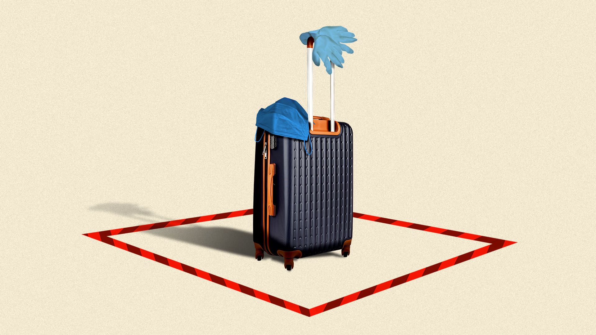 Illustration of a suitcase in a square of caution tape with a medical mask and gloves draped over it.