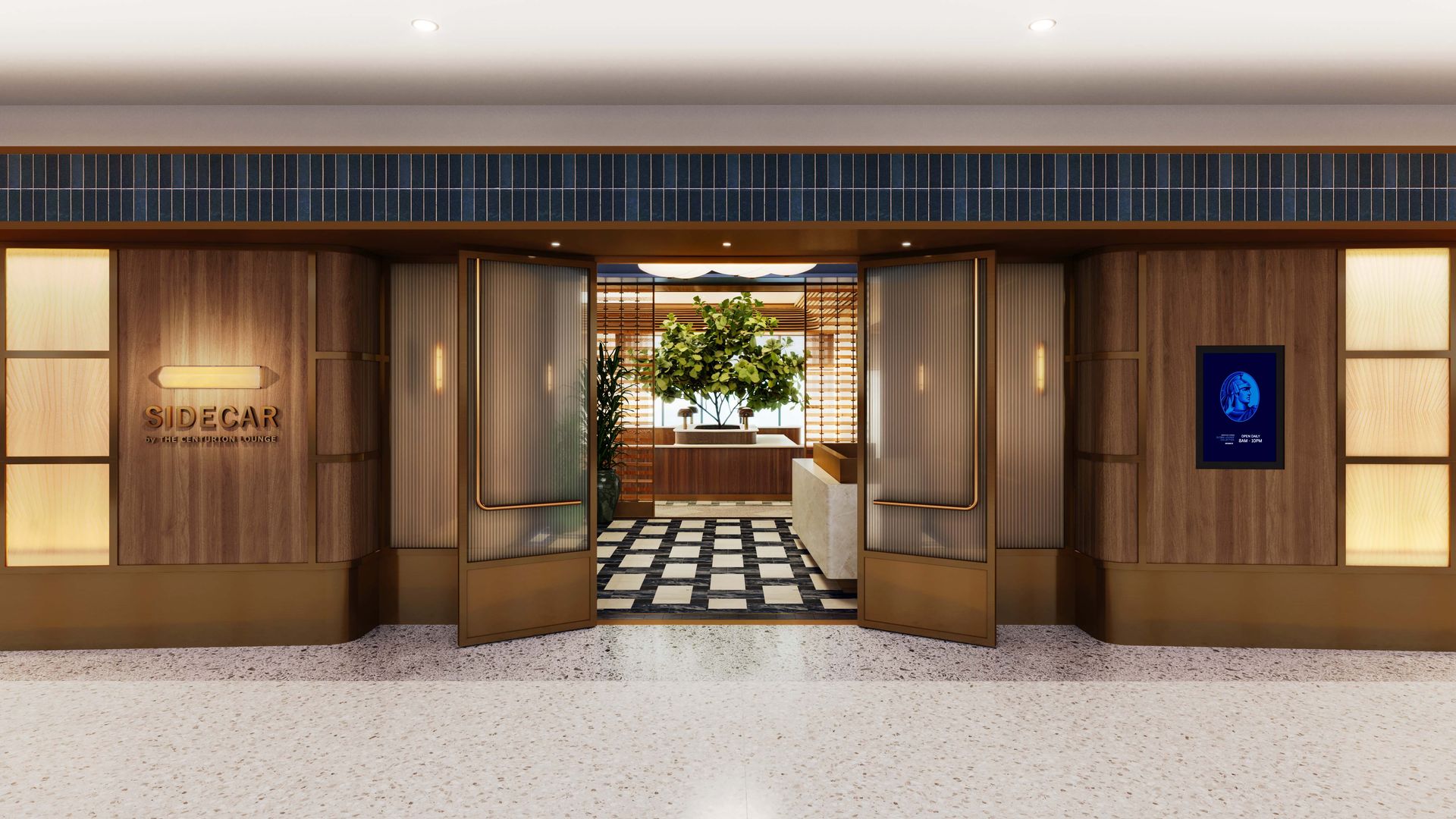 Hotel lobby entrance with open glass doors, brown wood panels, blue tiled band above, checkered black-and-white floor, central tree, reception desk, and warm lighting.
