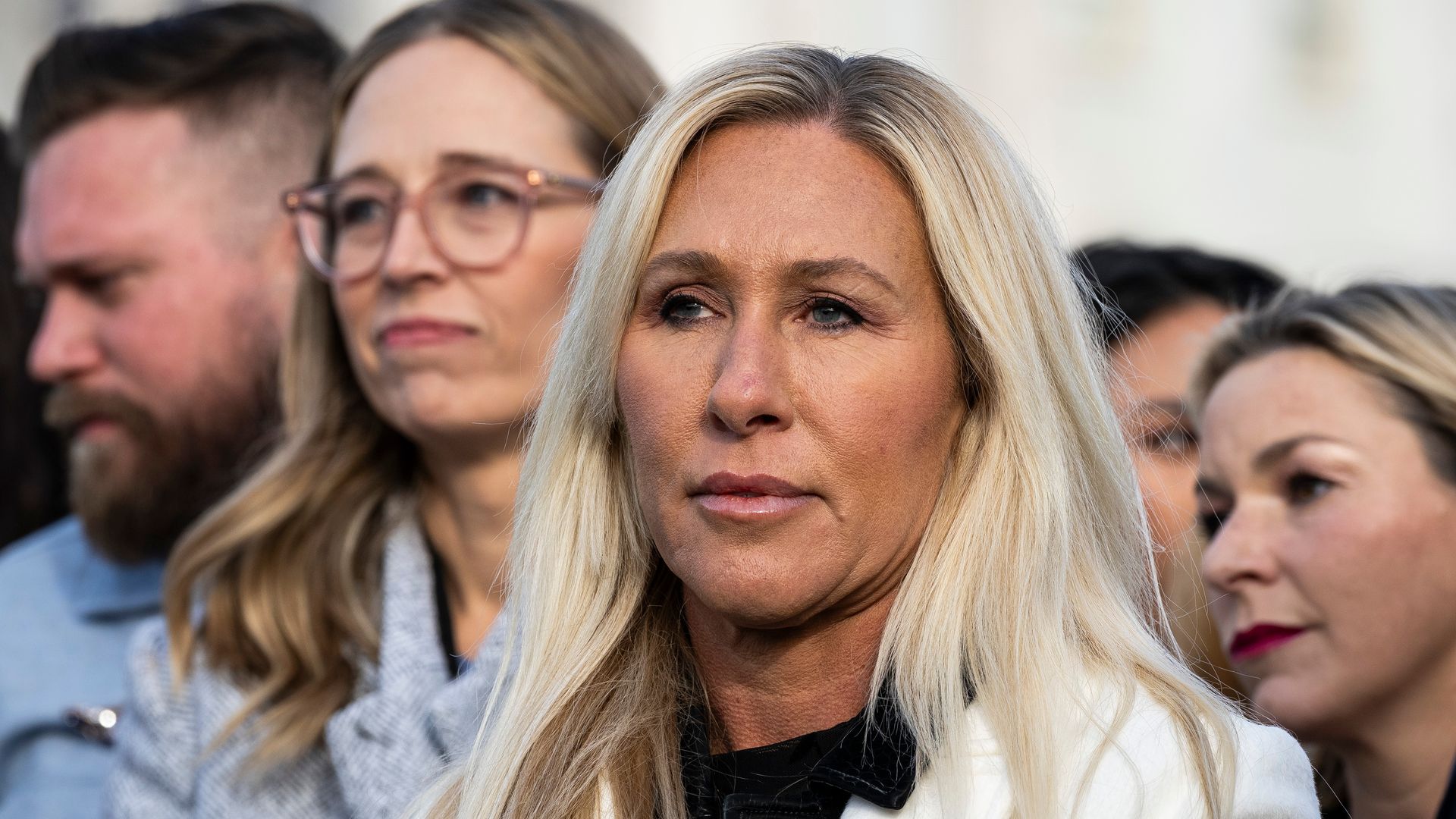 Representative Marjorie Taylor Greene, a Republican from Georgia, during a news conference outside the US Capitol in Washington, DC, US, on Tuesday, Nov. 18, 2025.