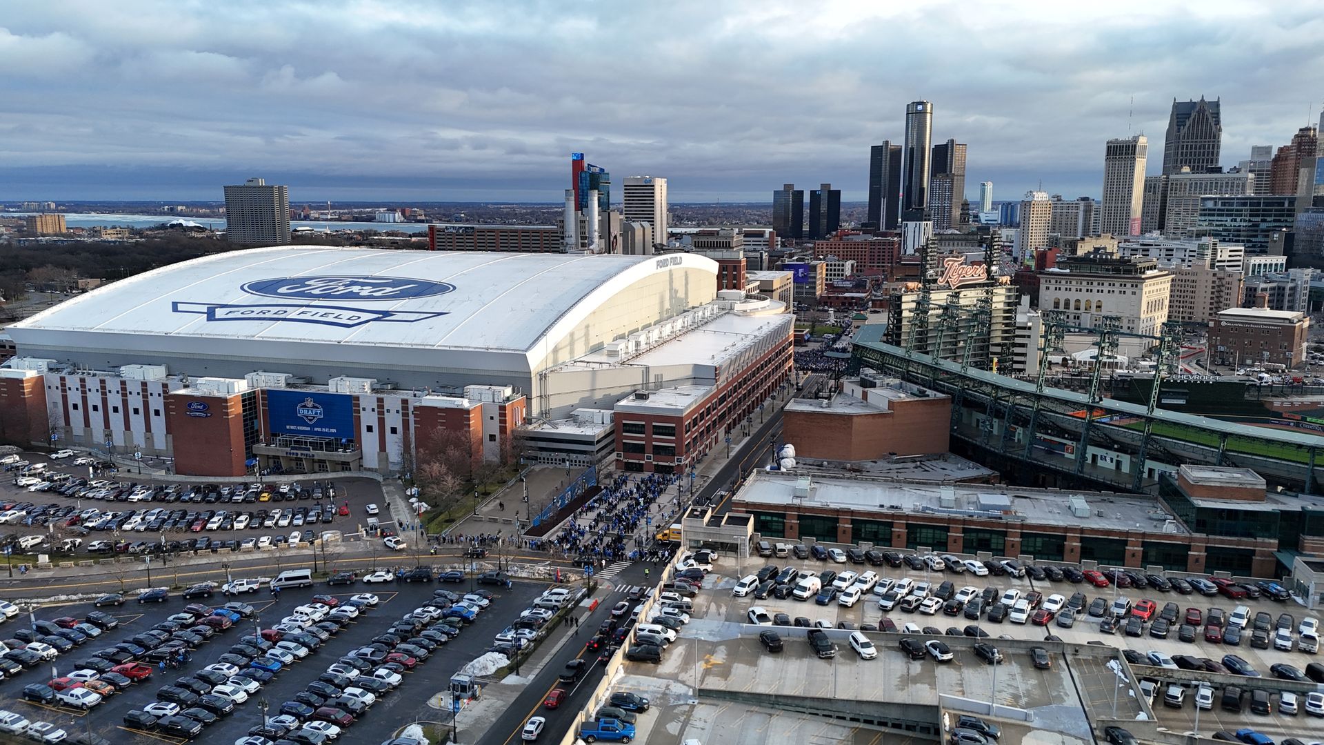 An overhead view of Ford Field and the rest of downtown in the background.