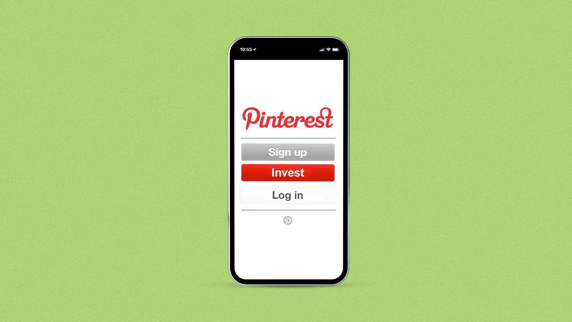 Illustration of the Pinterest logo on an iPhone with an option to click "invest."