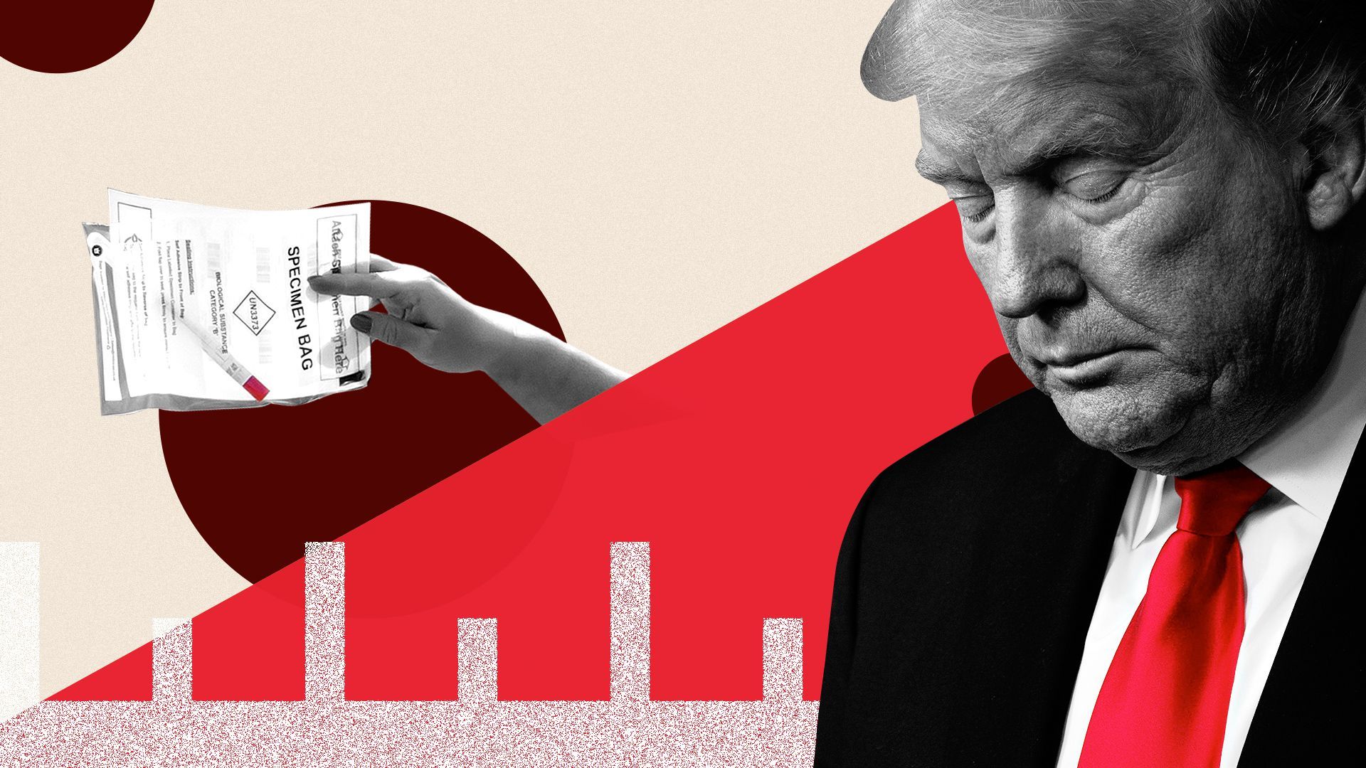 Photo collage illustration of President Trump and a woman with a specimen bag.