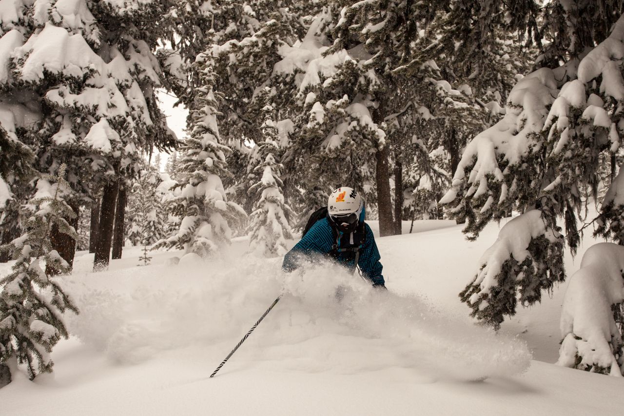 A skier executes a turn in deep powdery snow on a forested ski slope.