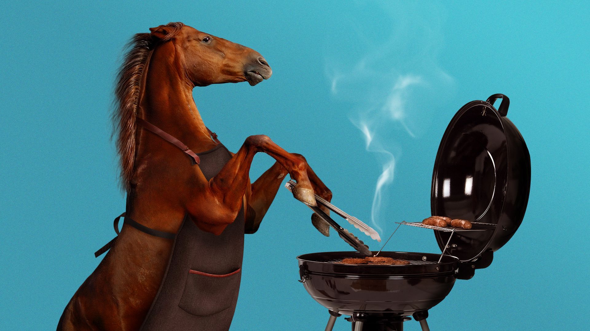 Illustration of a horse wearing an apron, while BBQing meat on a grill.