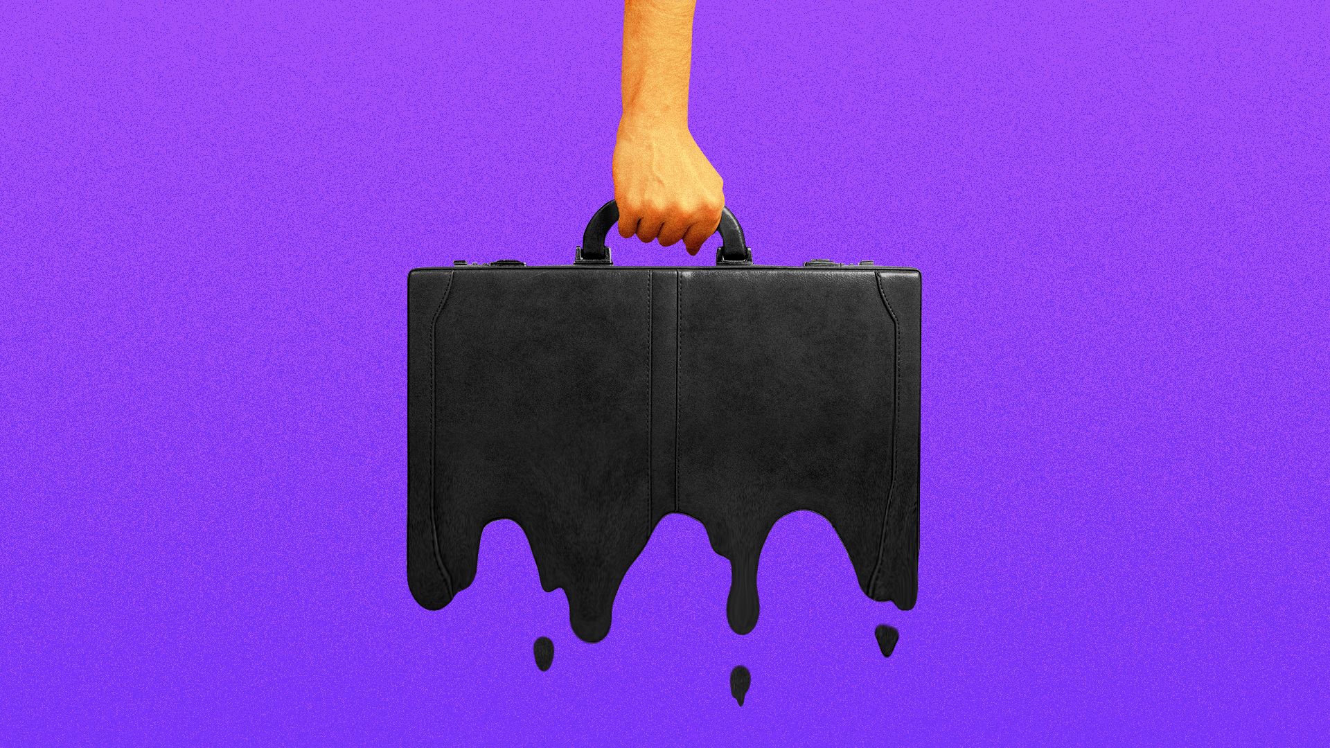 Illustration of a hand holding a melting briefcase.