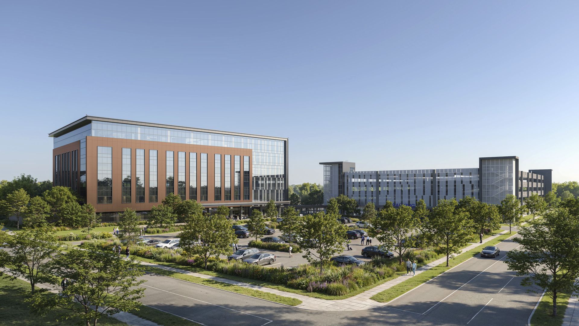 Rendering of a modern office campus with a brown brick building on the left and a long glass complex on the right, surrounded by trees and a parking lot under a clear blue sky.