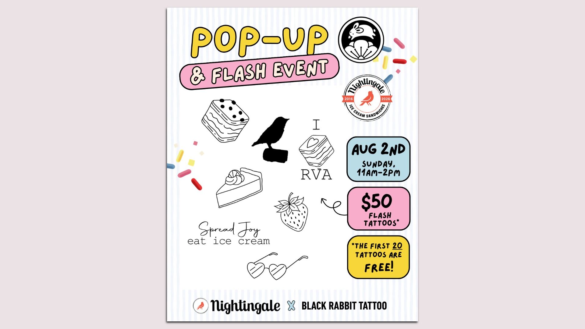 Poster for a Nightingale x Black Rabbit Tattoo pop-up & flash event. Yellow "POP-UP" and pink "FLASH EVENT" banners, Aug 2 (Sun), 11am–2pm; $50 flash tattoos; doodles of cake, dice, raven, strawberry, hearts.