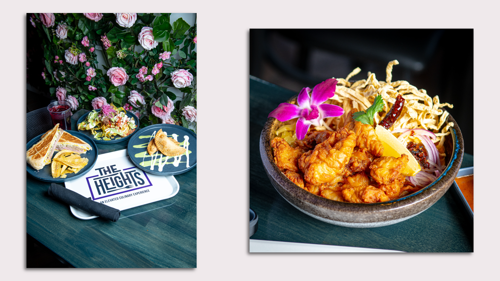 Cuban food including empanadas and sandwiches (left) and a Thai kao soi bowl