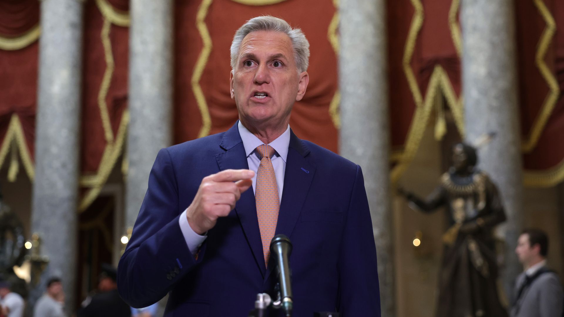 House Speaker Kevin McCarthy (R-CA) speaks to the media during a briefing in National Statuary Hall at the Capitol on July 17, 2023 in Washington, DC.