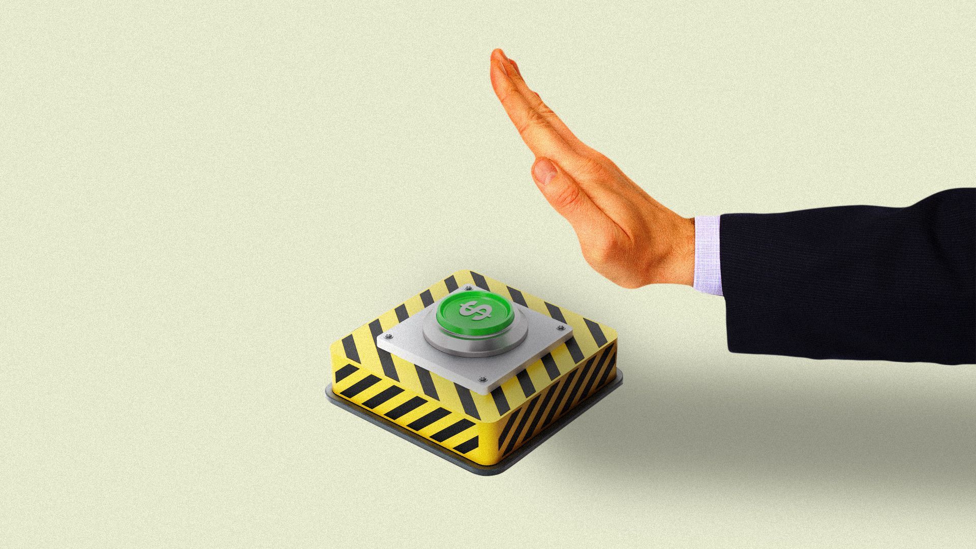 Hand hitting a green button with a dollar sign on it