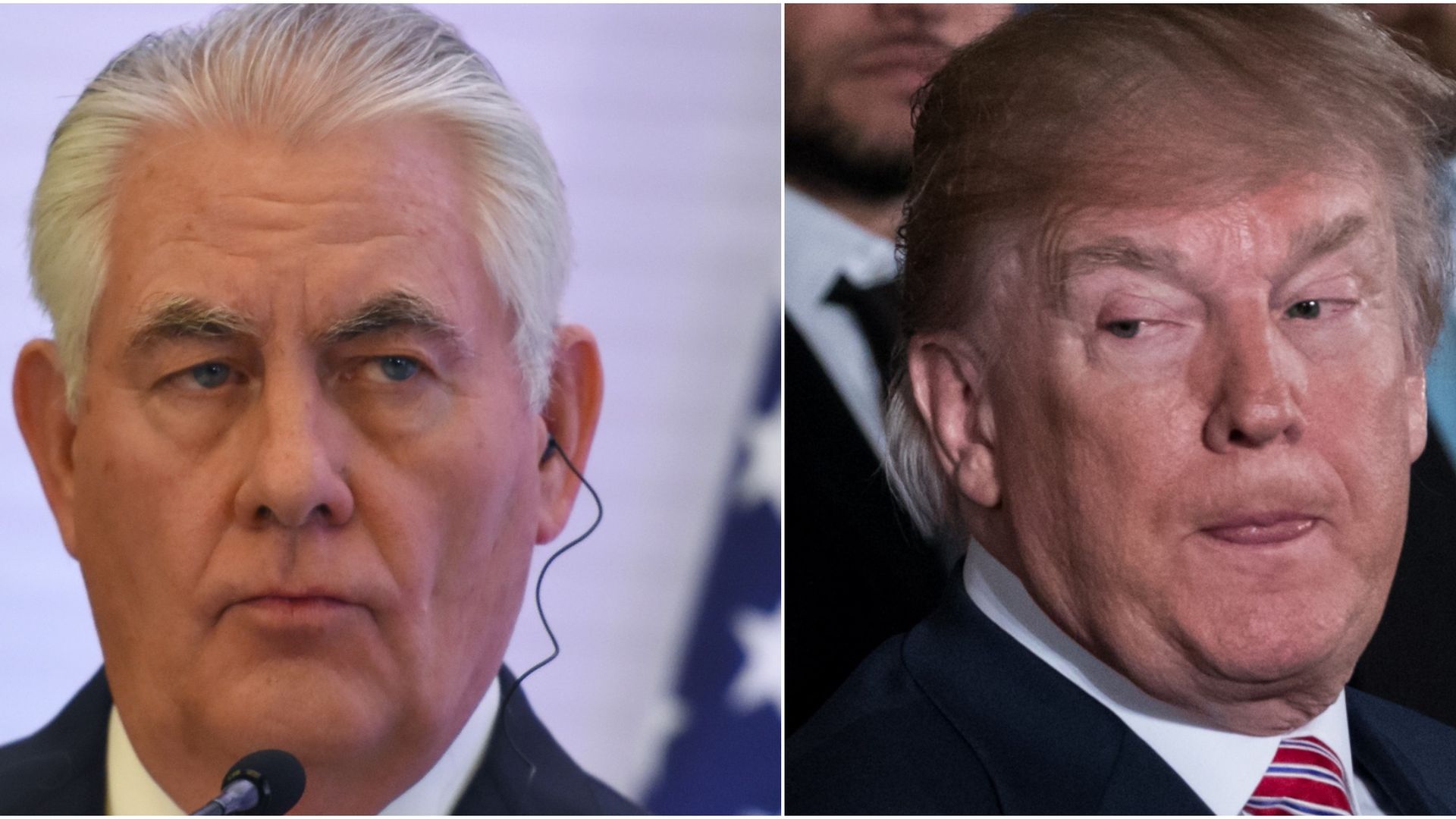 Rex Tillerson looking out of the corner of his eye and Donald Trump looking out of the corner of his eye