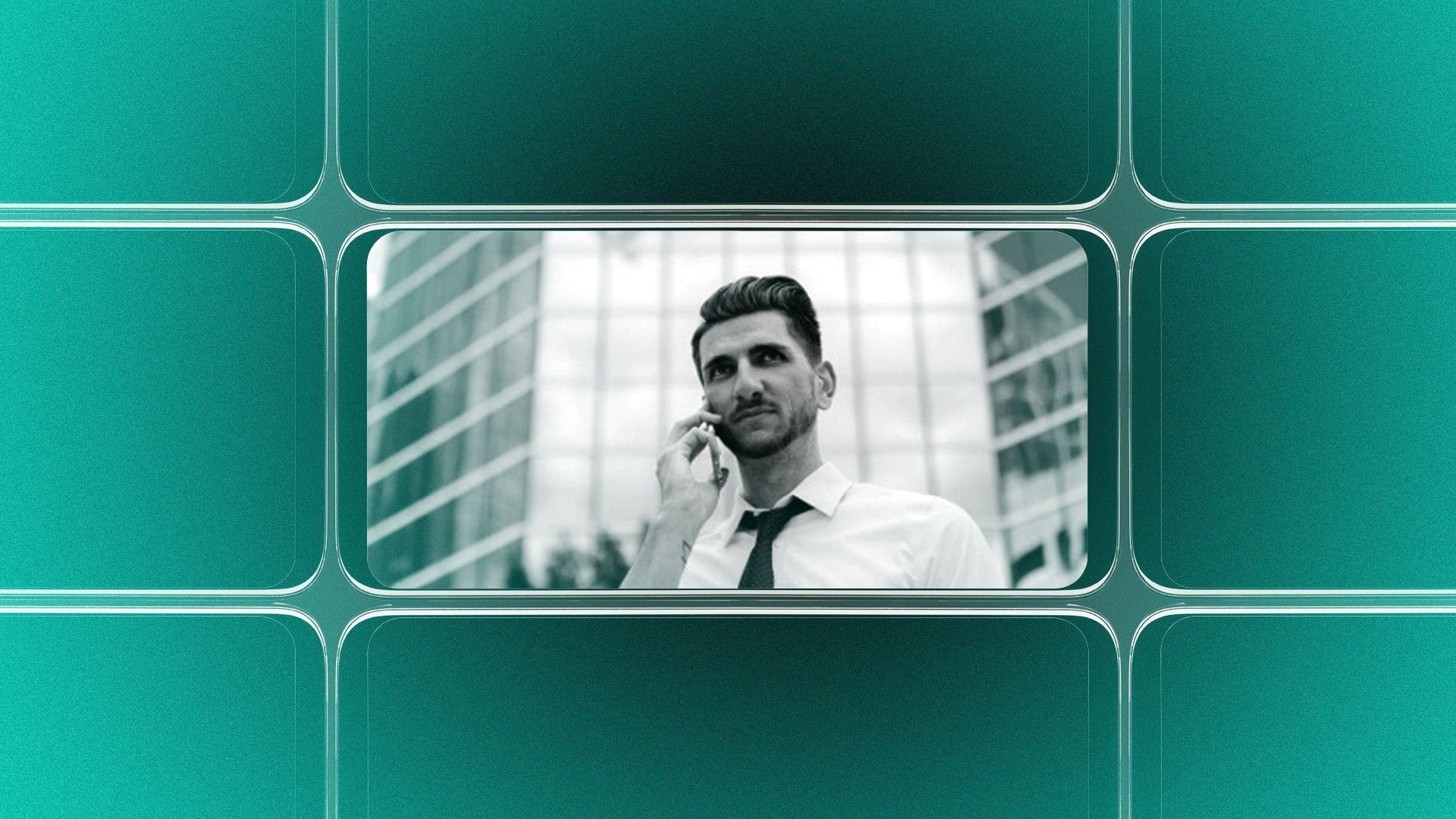 Photo illustration of a grid of smartphone screens, the center one showing an image of Amel Kilic.