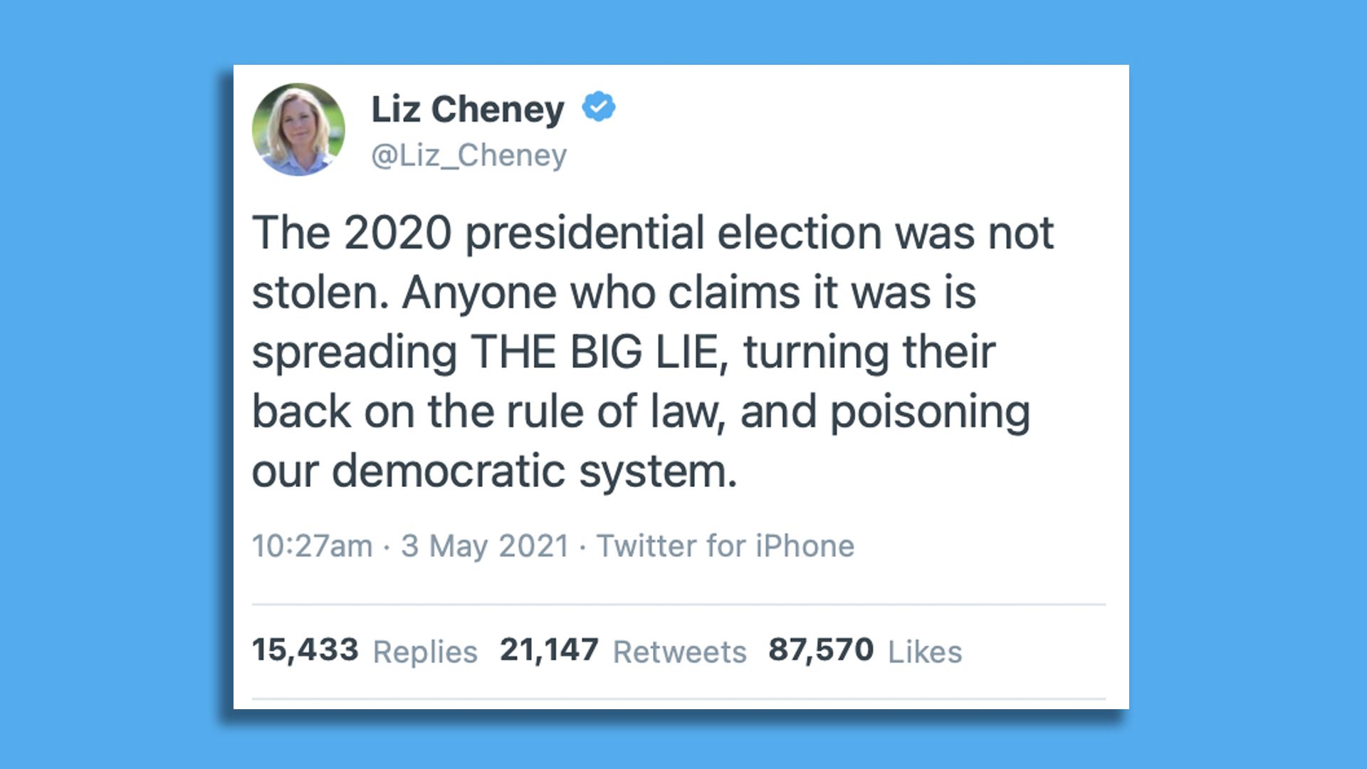A screenshot shows a Liz Cheney tweet criticizing those who doubt Donald Trump's 2020 election loss.