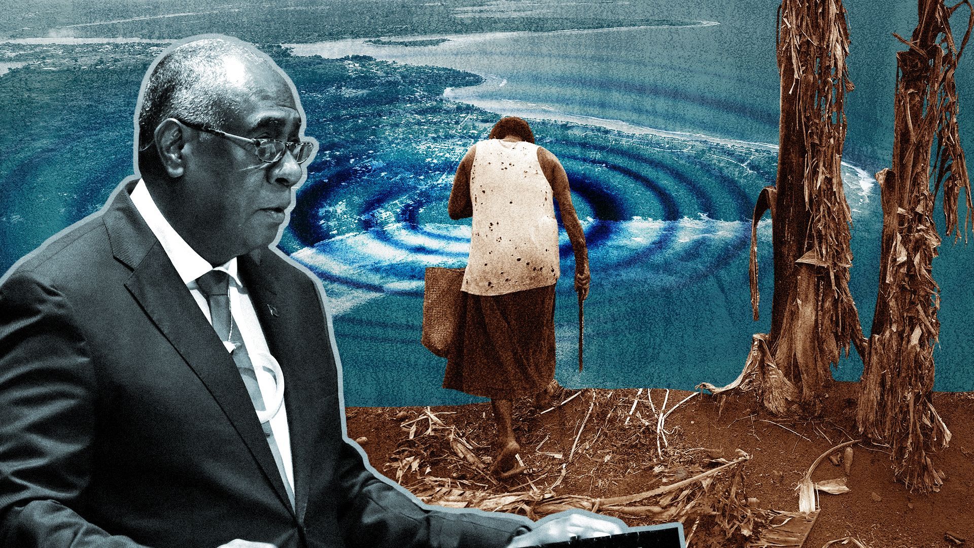 Photo illustration of Vanuatu's Prime Minister Ishmael Kalsakau with a woman in her garden and the island of Vanuatu in the background.