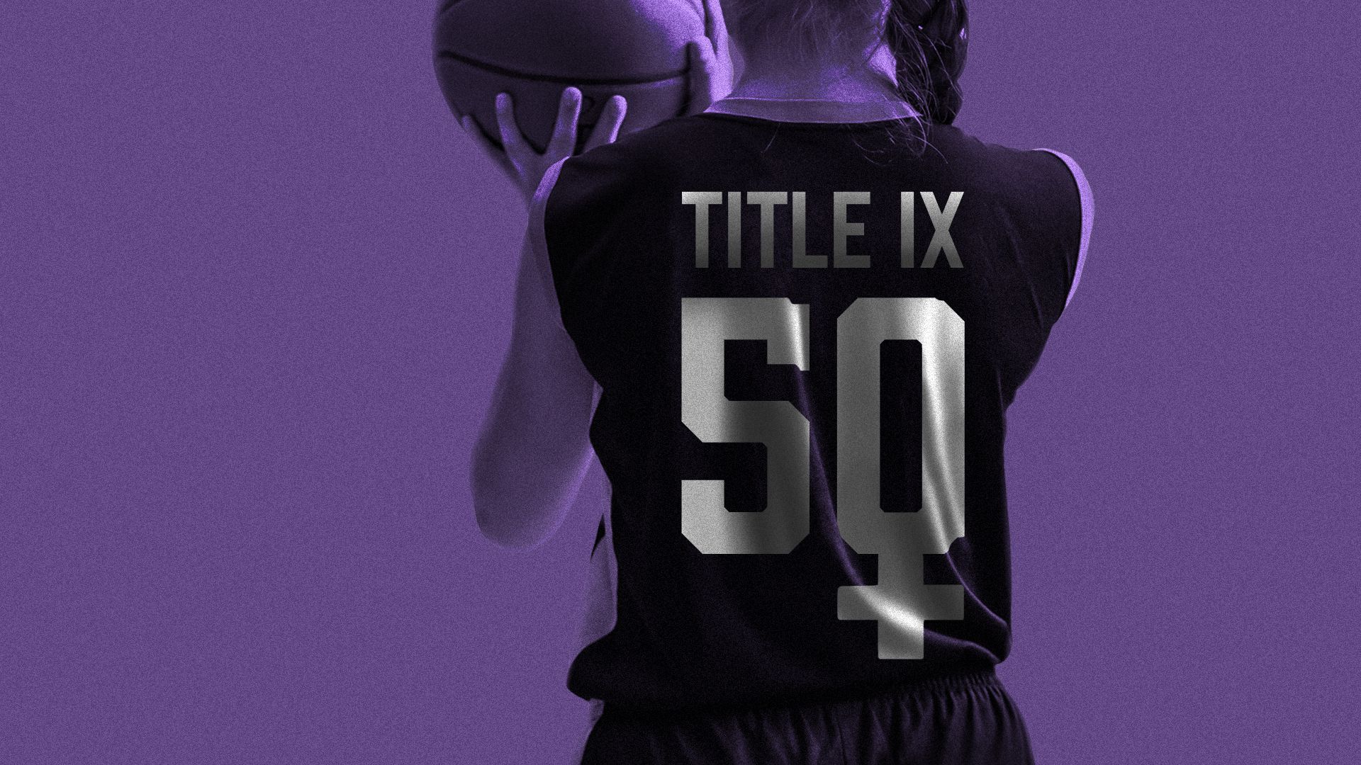 Illustration of Title IX 50 printed on a girl's basketball jersey