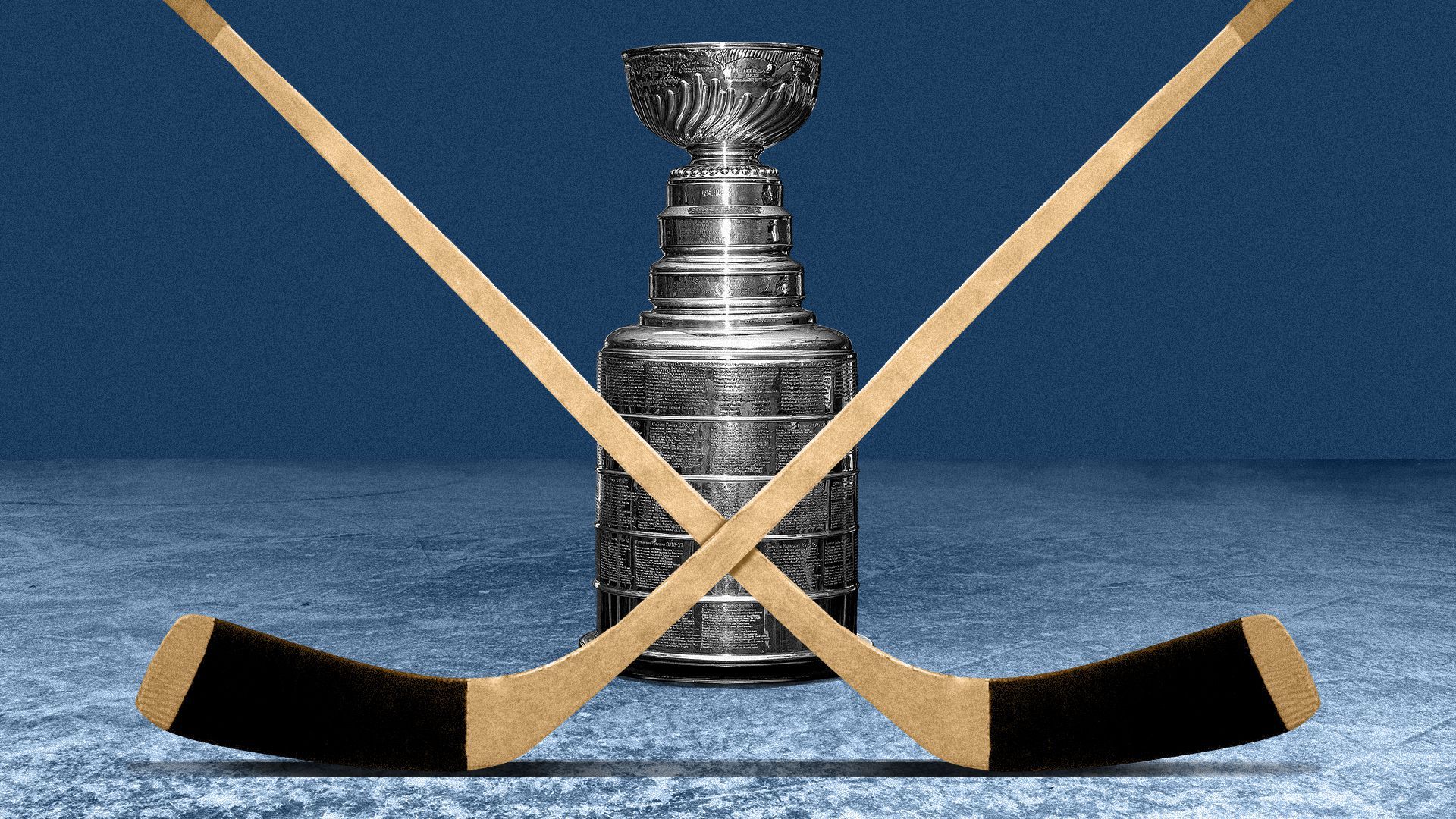 Illustration of two hockey sticks in front of the Stanley Cup on ice.