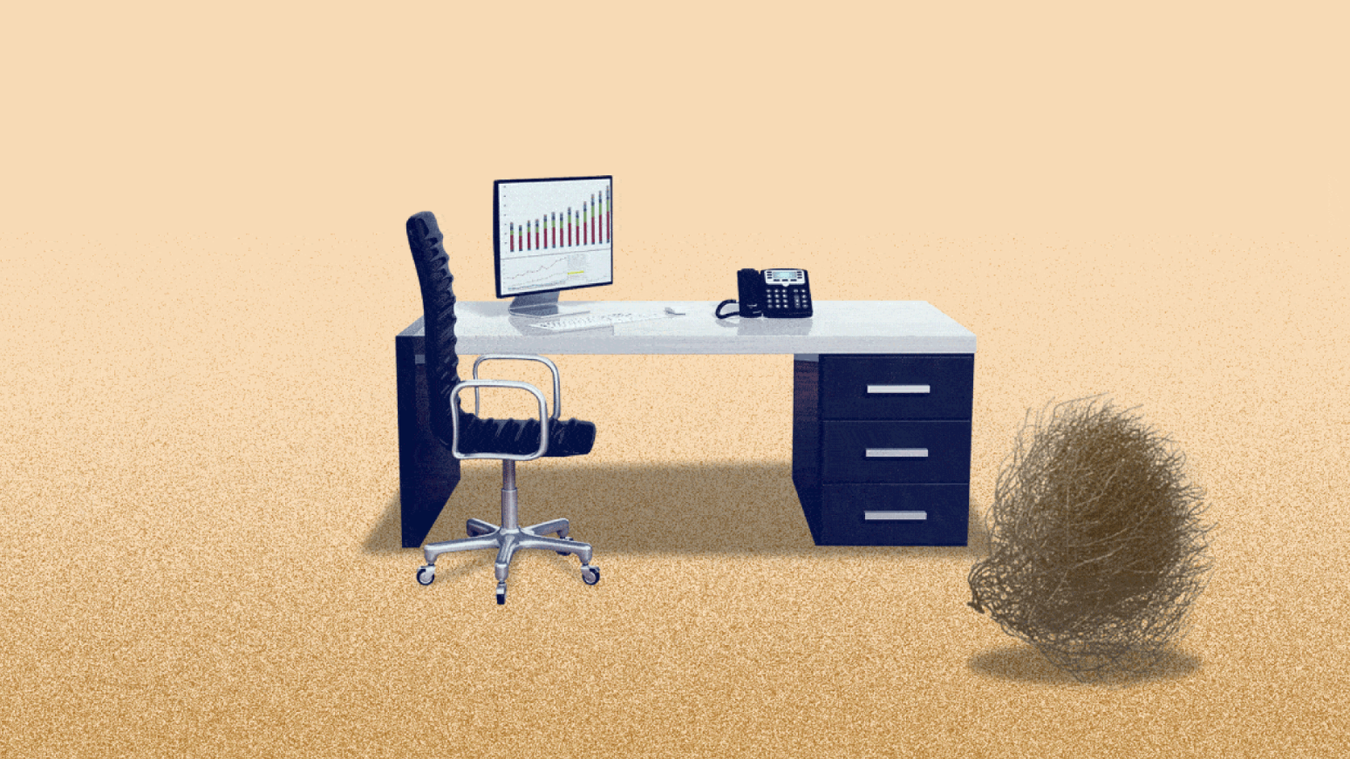 Illustration of a desk and a tumbleweed