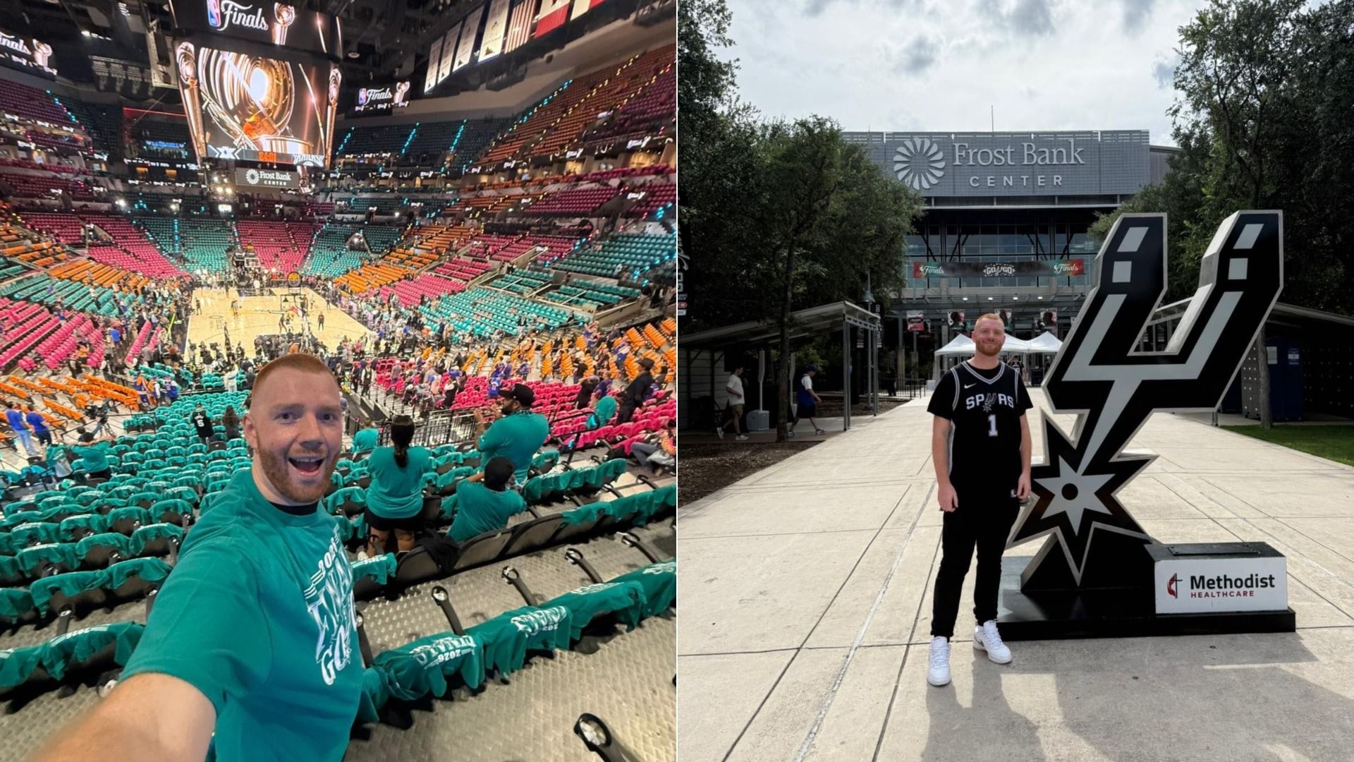 Two photos: left, a man in teal selfies in a colorful, packed basketball arena with a large finals screen above the court; right, a man in Spurs gear near a giant Spurs logo outside Frost Bank Center.