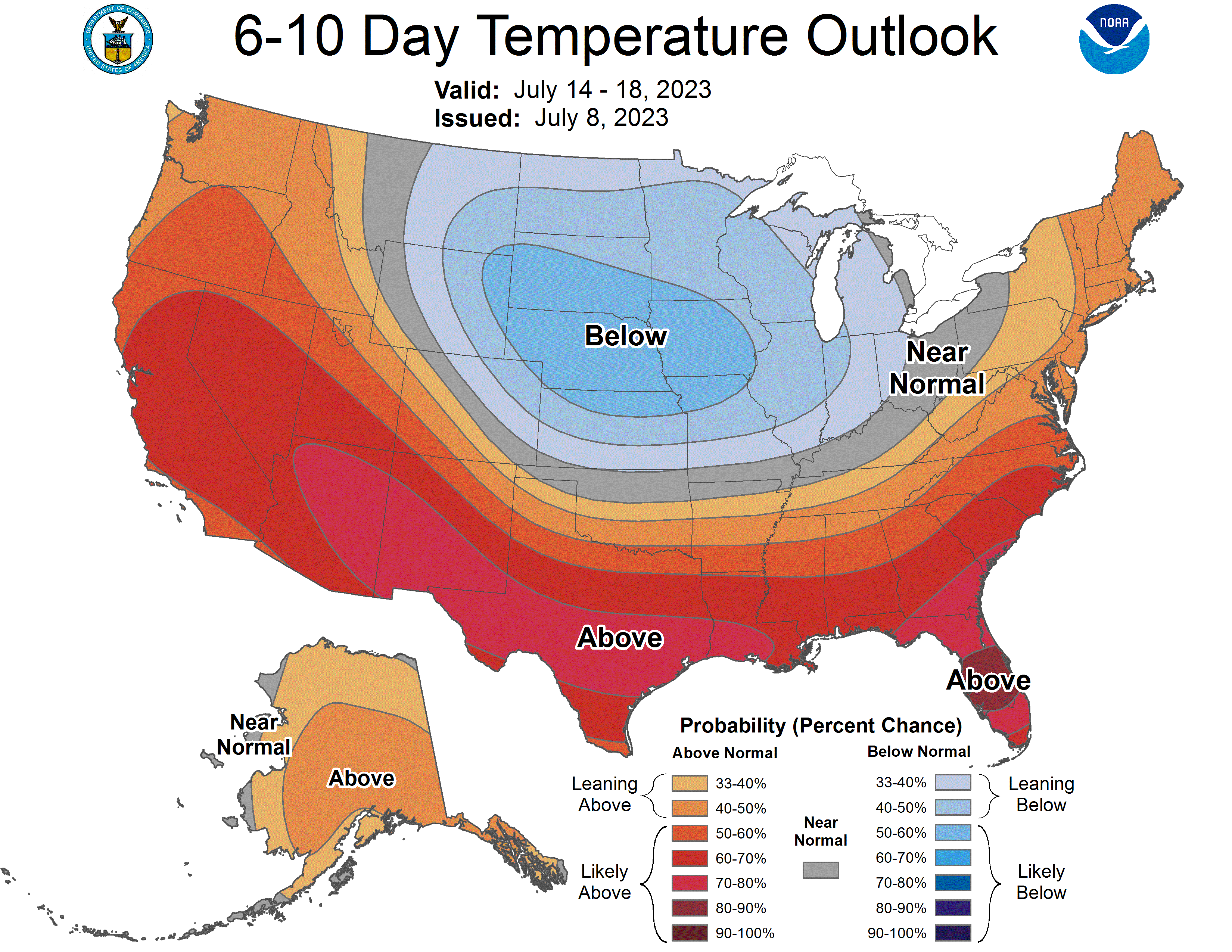 A map showing forecasted temperatures.