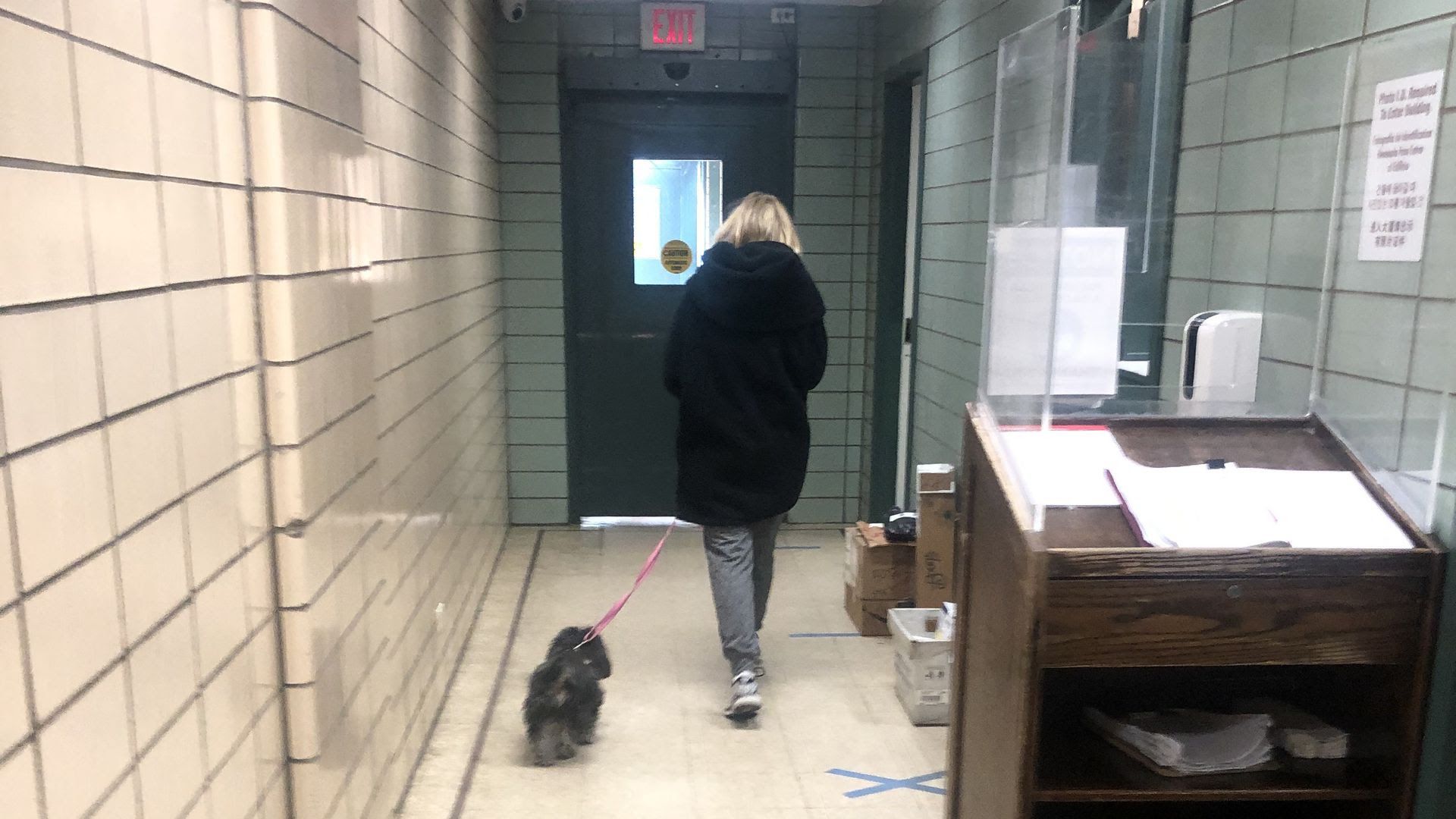 Woman walking away from the camera with a dog on leash, towards an exit door.