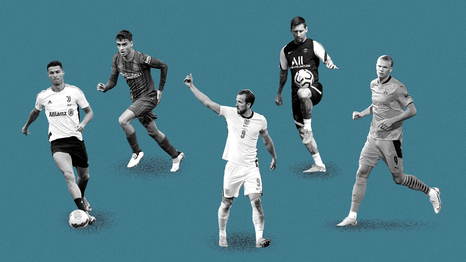 Photo illustration of Harry Kane, Pedri, Cristiano Ronaldo, Lionel Messi, and Erling Haaland