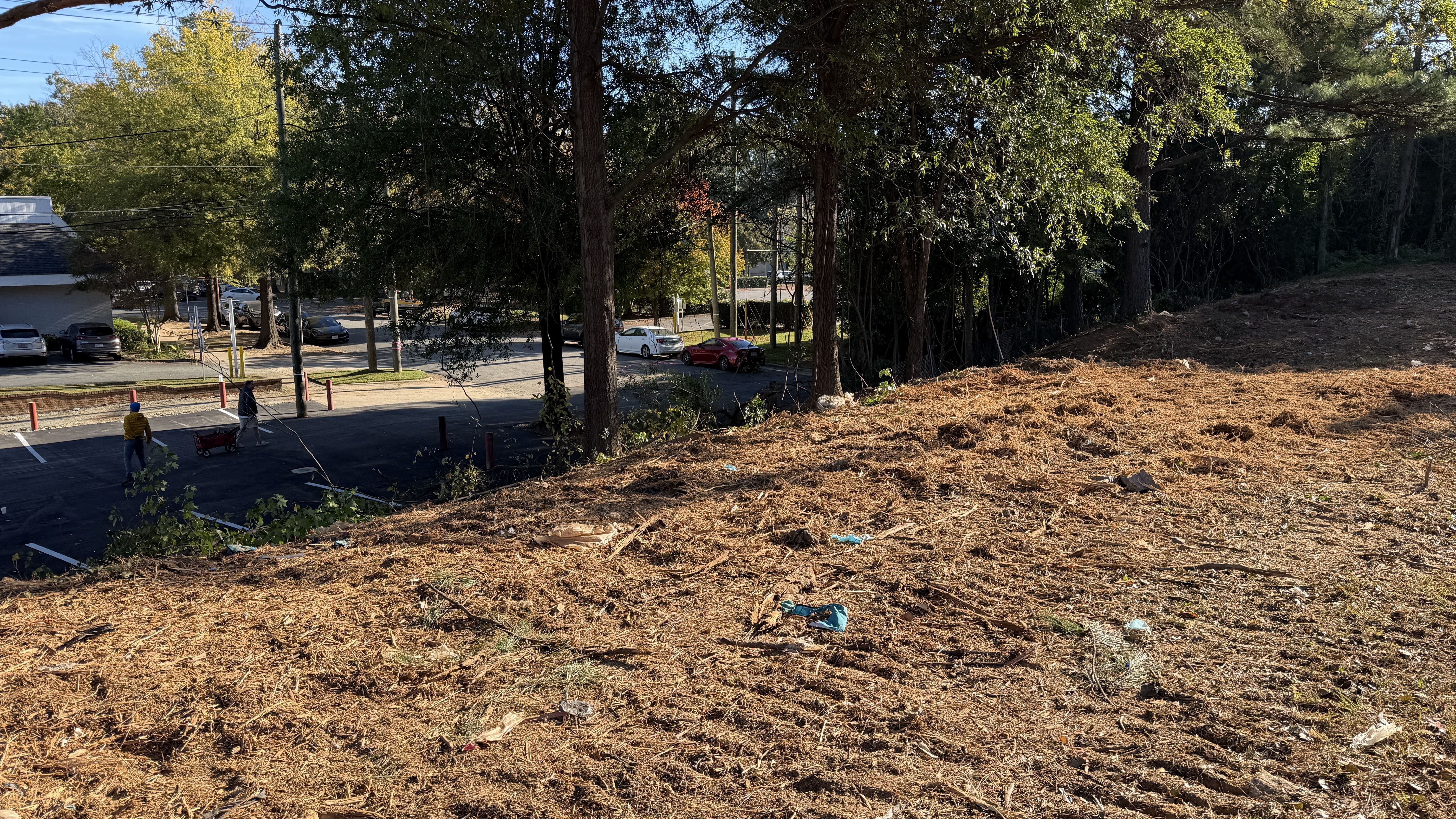 Sunlit parking lot beside a dense line of trees. Two people push a red wagon with branches near parked cars. A dirt hillside with scattered debris runs along the right.